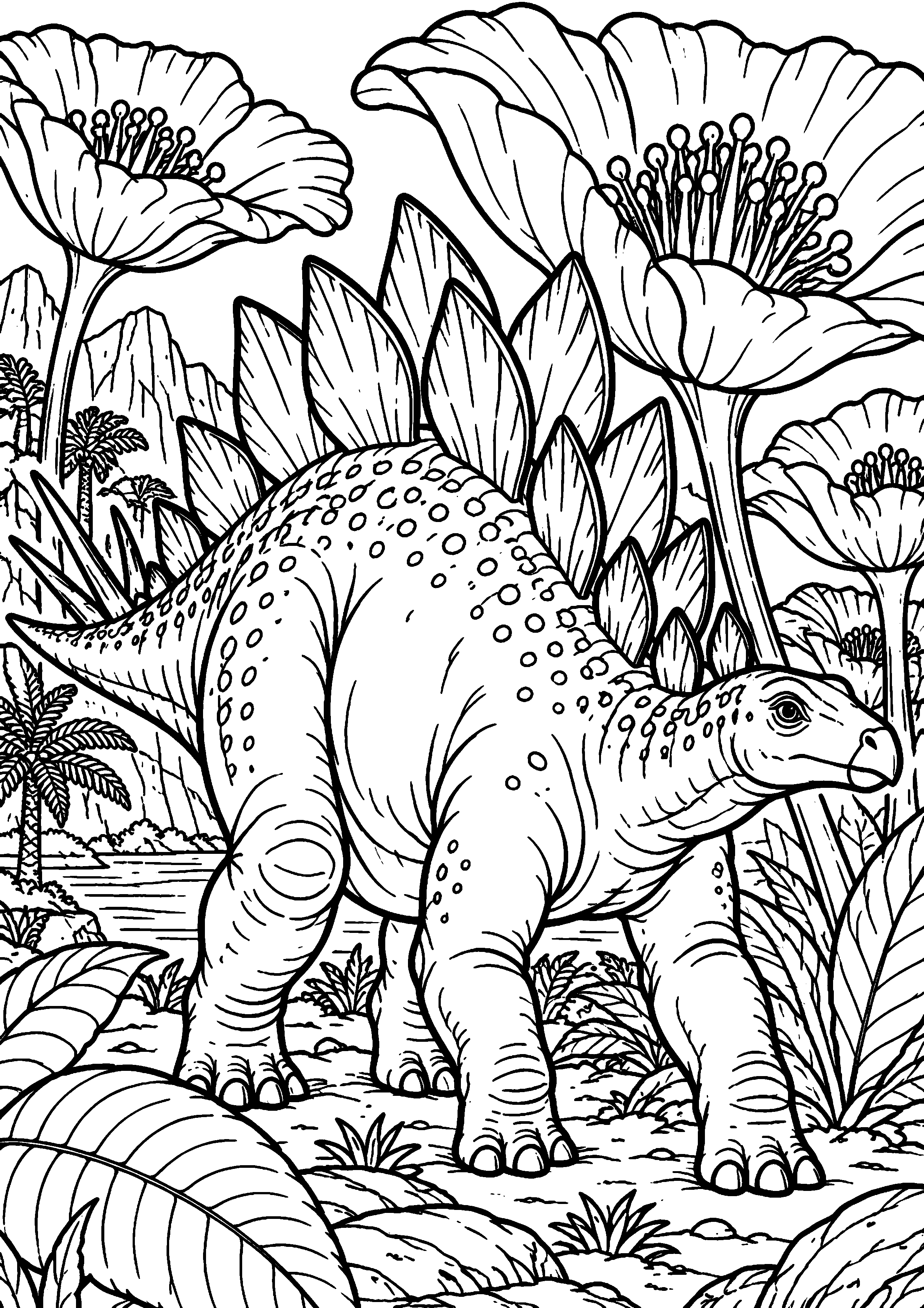Coloriage de dinosaure représentant stégosaure parmi de très grandes fleurs préhistoriques en grand