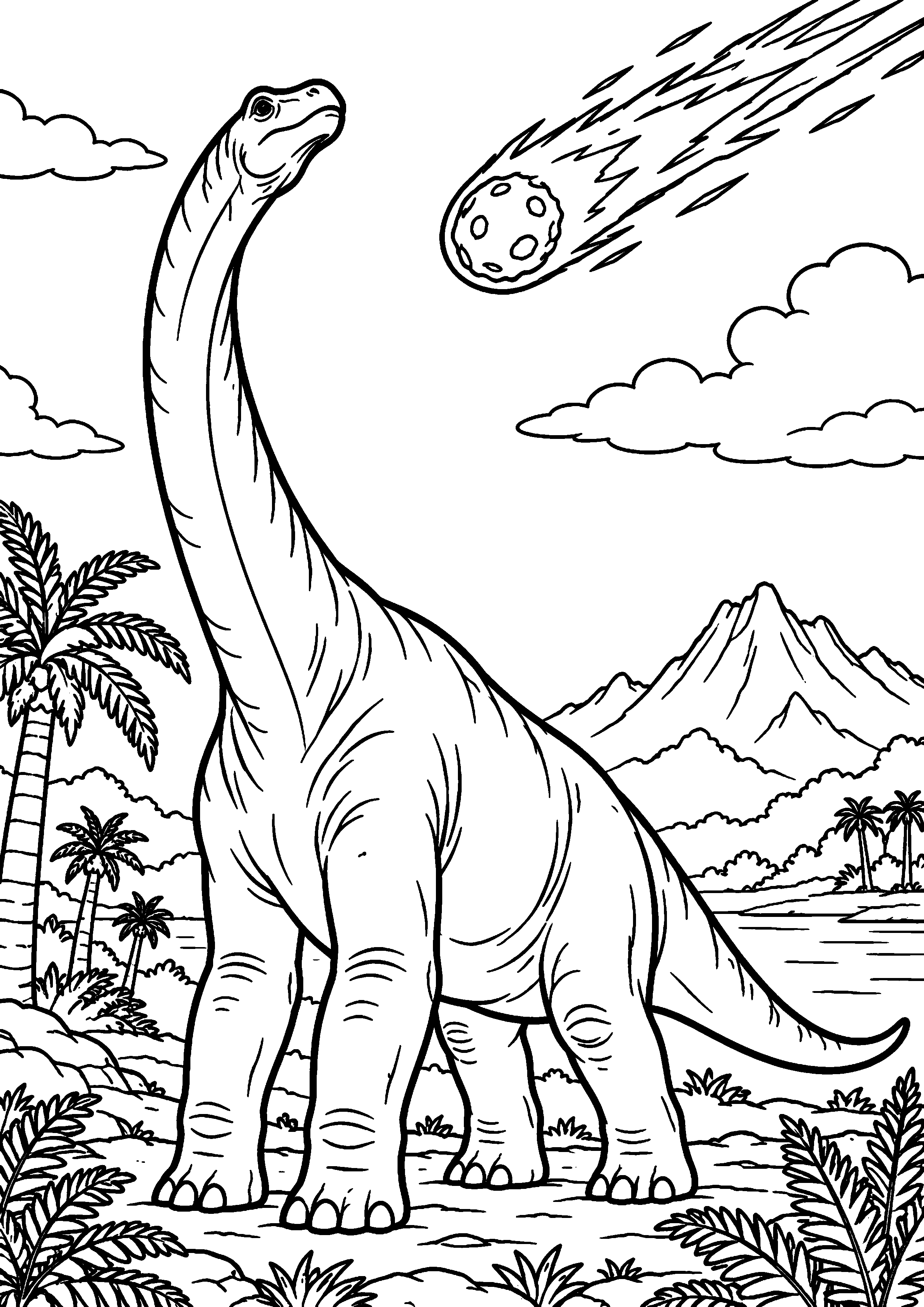 Coloriage de dinosaure représentant brachiosaure regardant une comète dans le ciel en grand