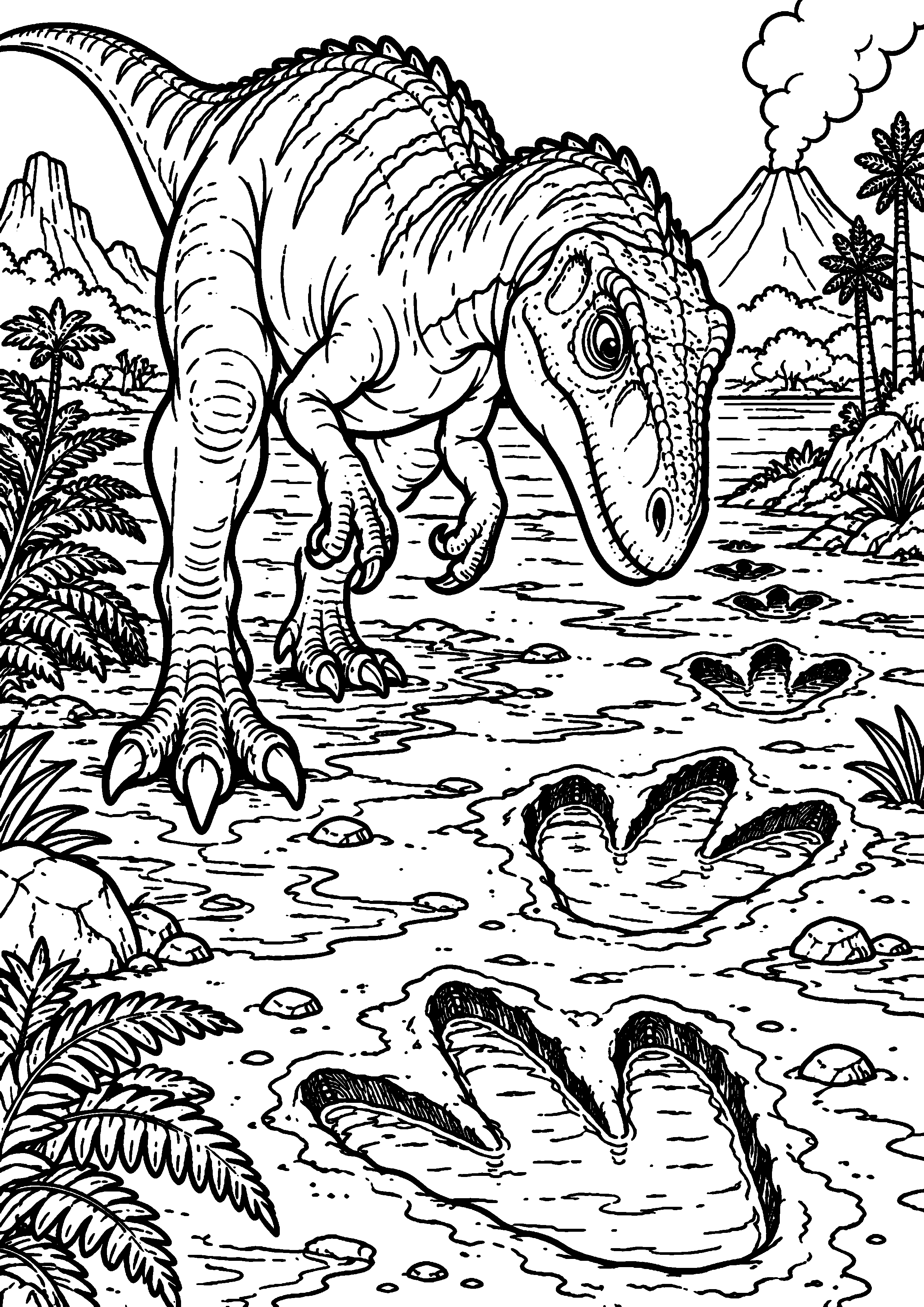Coloriage de dinosaure représentant dinosaure suivant de grandes empreintes dans la boue en grand