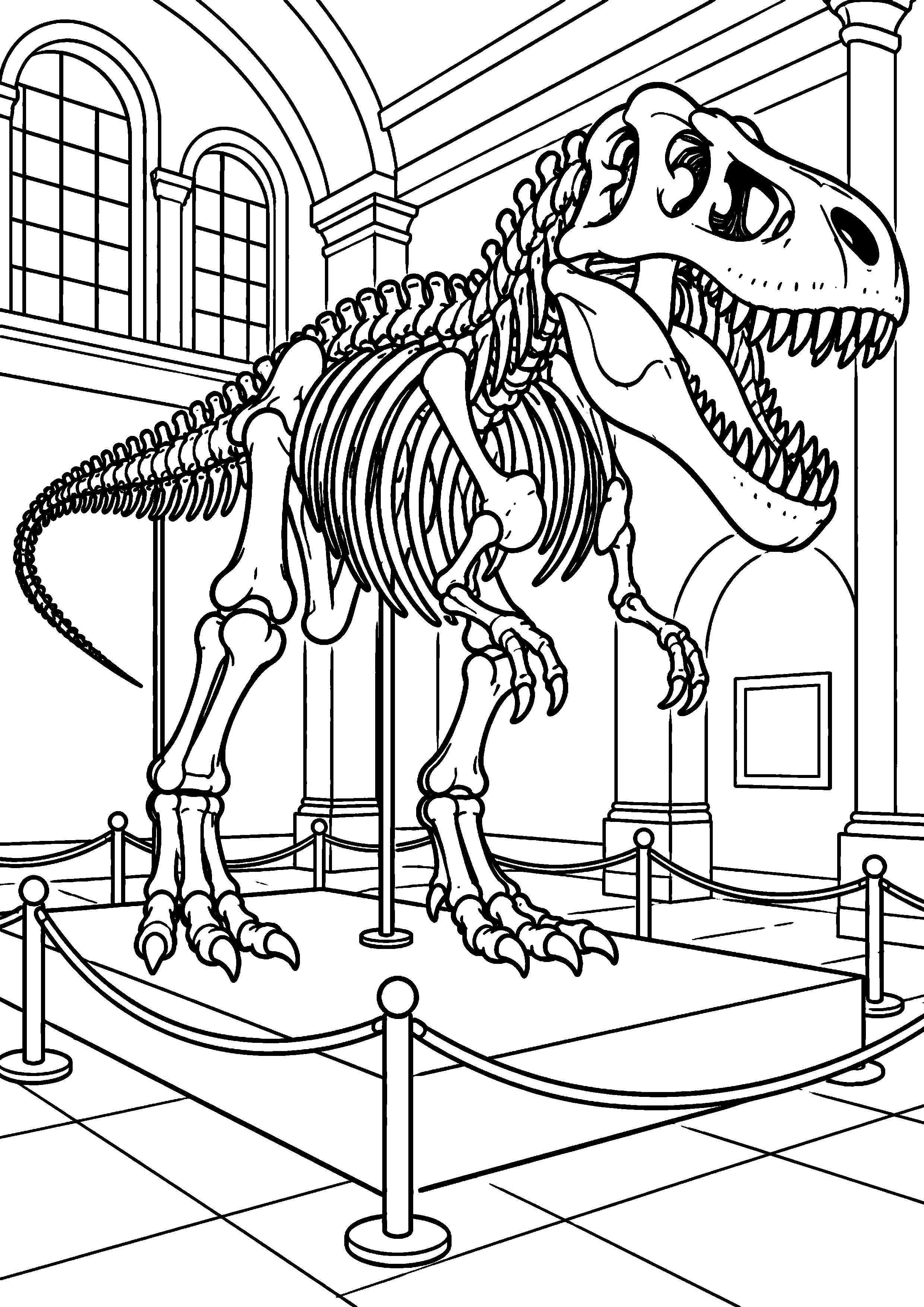 Coloriage de dinosaure représentant squelette complet de tyrannosaure dans un musée générique en grand