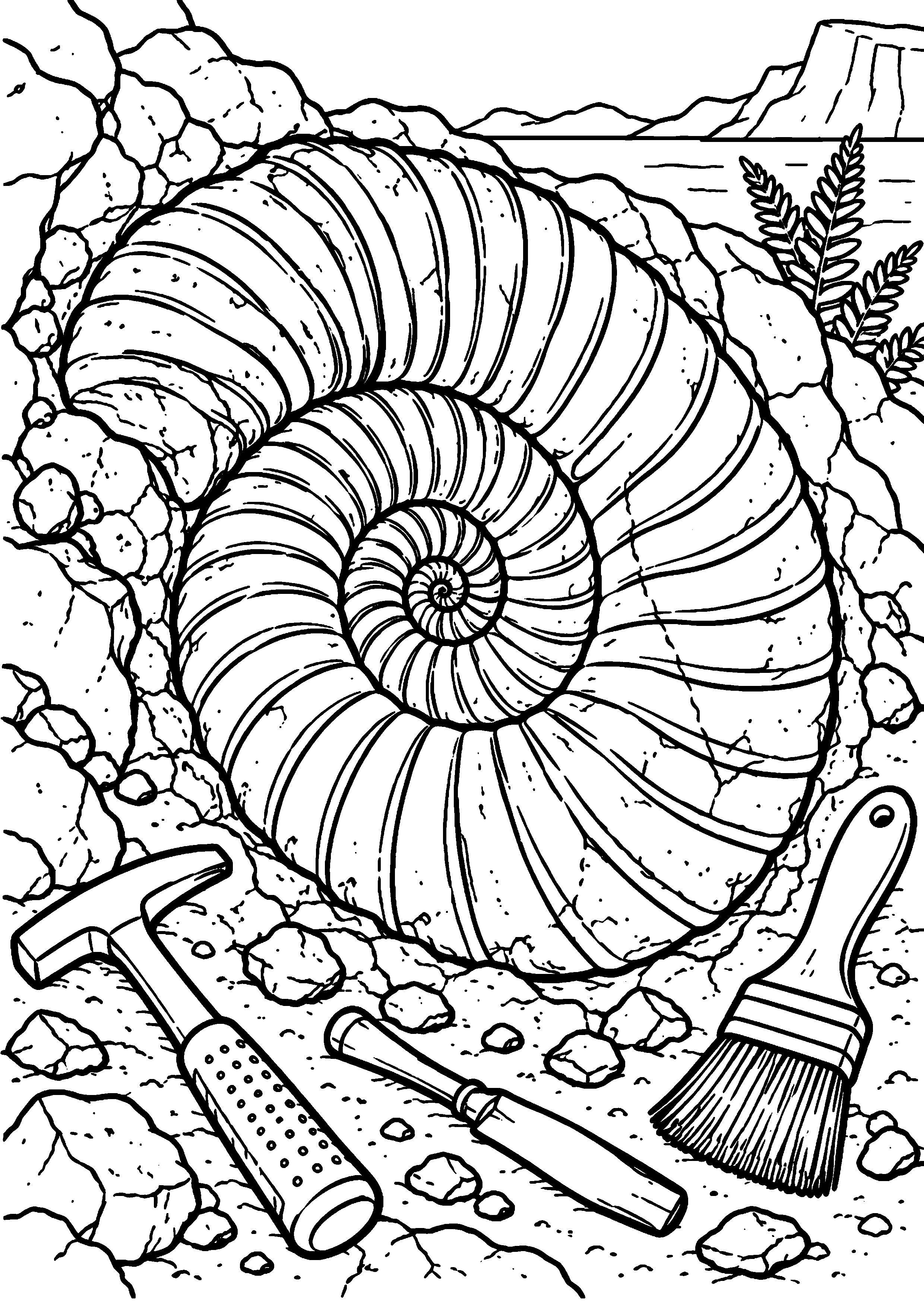 Coloriage de dinosaure représentant grand fossile d'ammonite entouré d'outils de fouille en grand