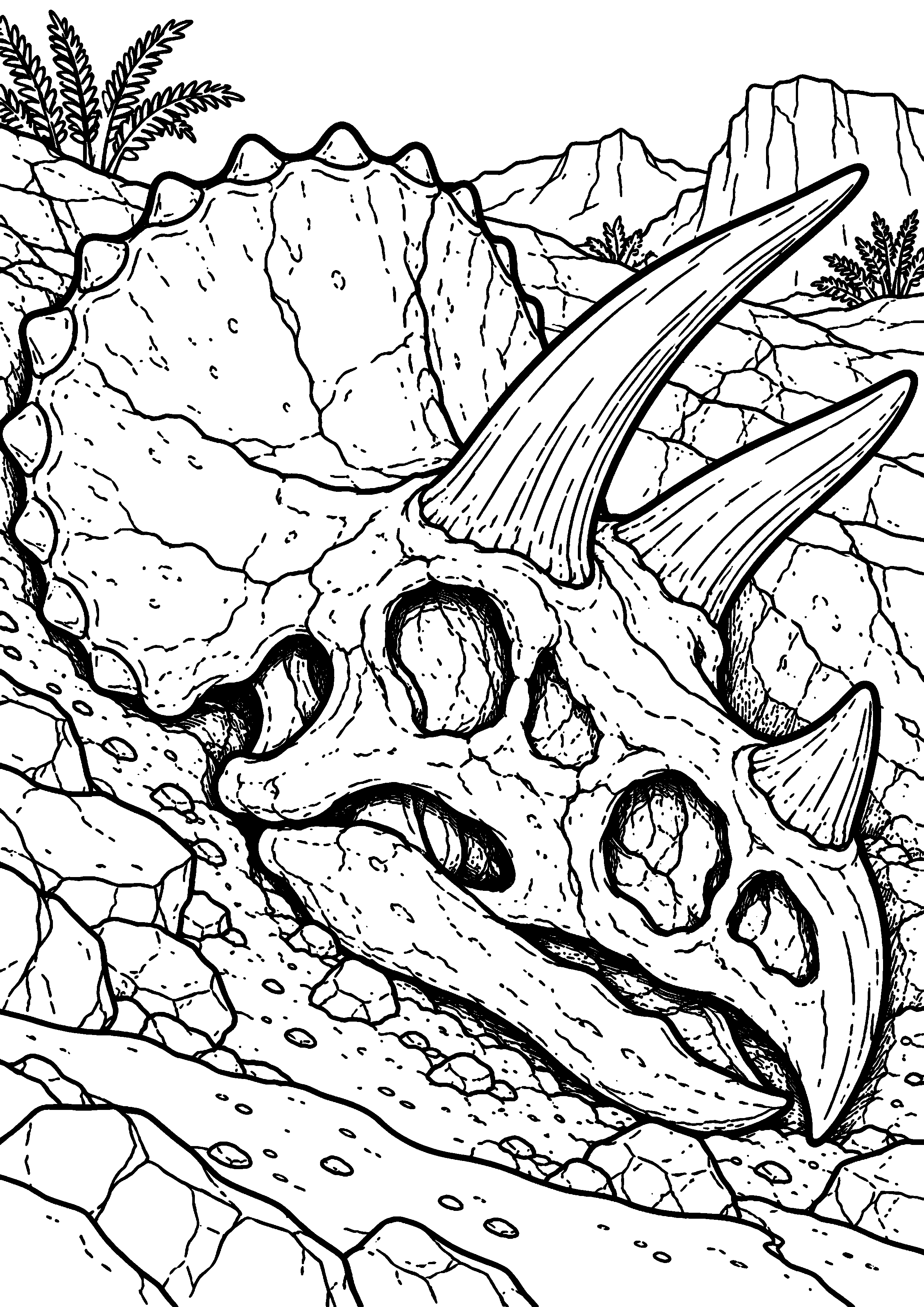 Coloriage de dinosaure représentant crâne de tricératops fossilisé dans la roche en grand