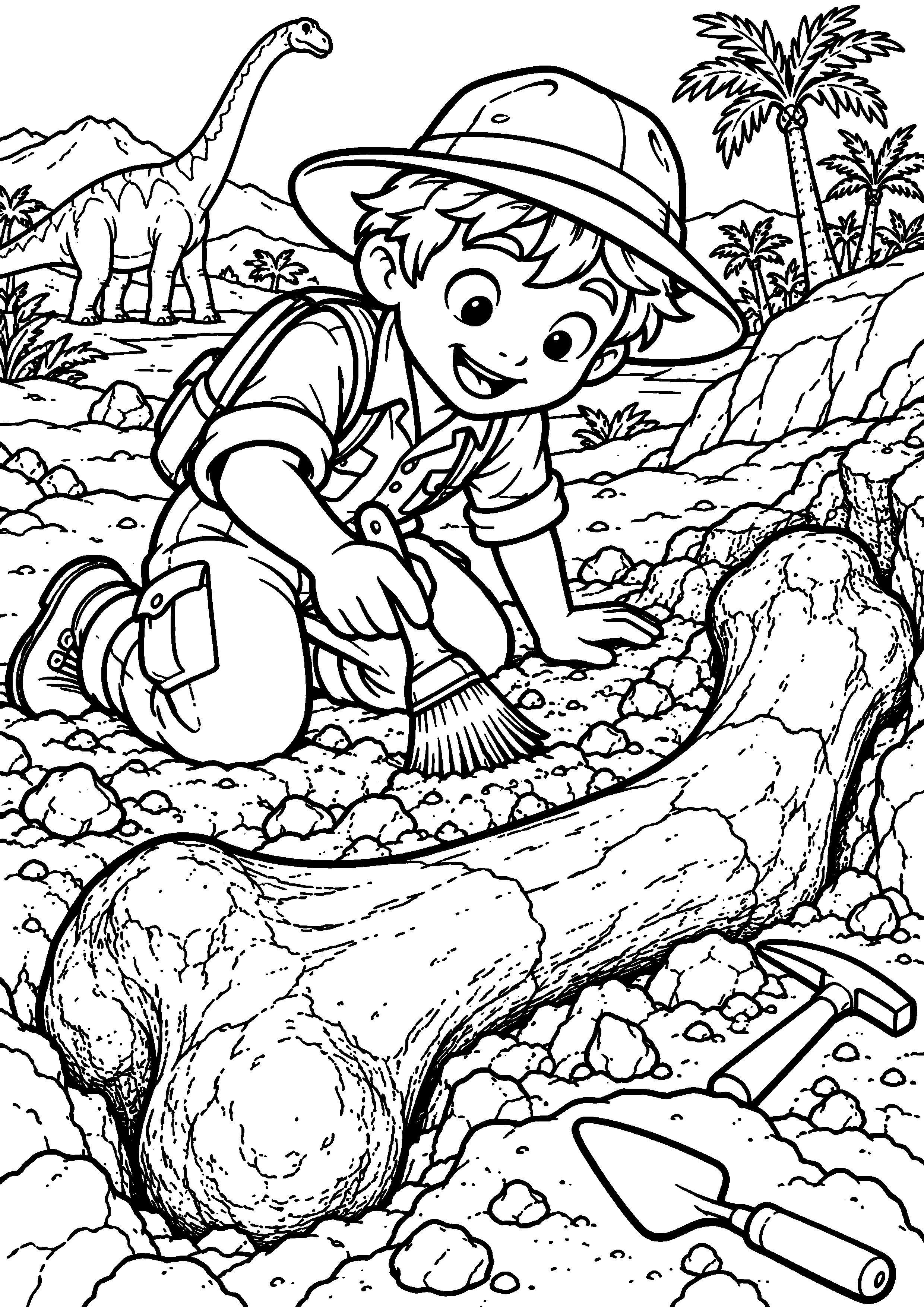 Coloriage de dinosaure représentant paléontologue enfant découvrant un os géant en grand