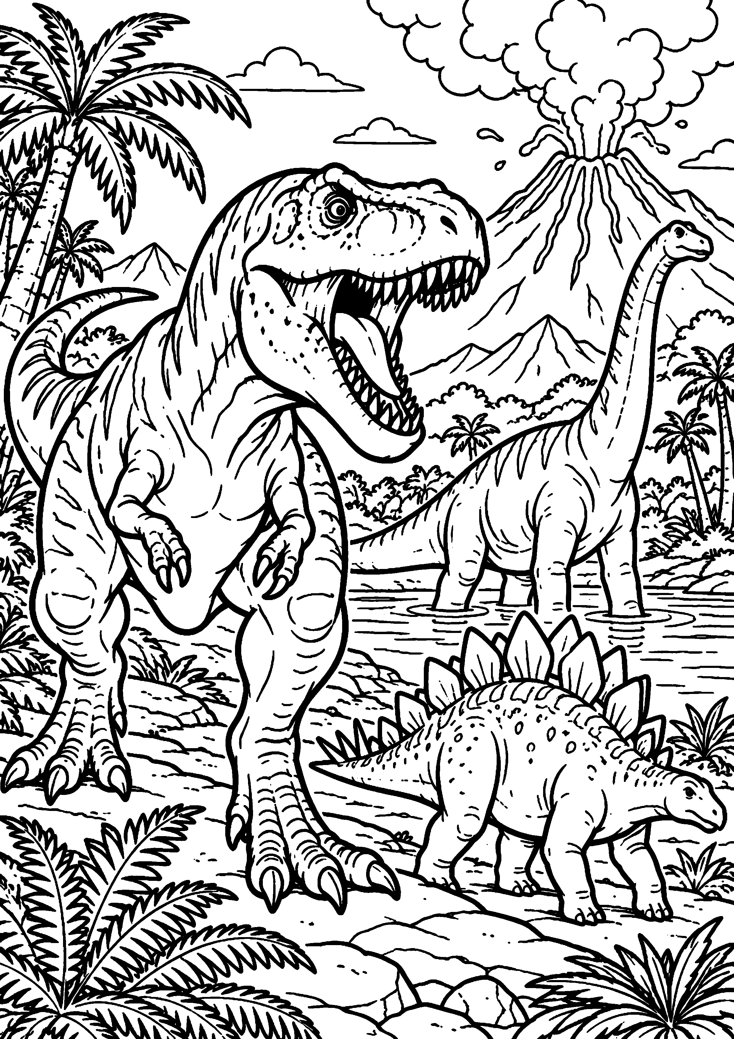 Coloriage de dinosaure représentant panorama préhistorique avec volcan et trois espèces distinctes en grand