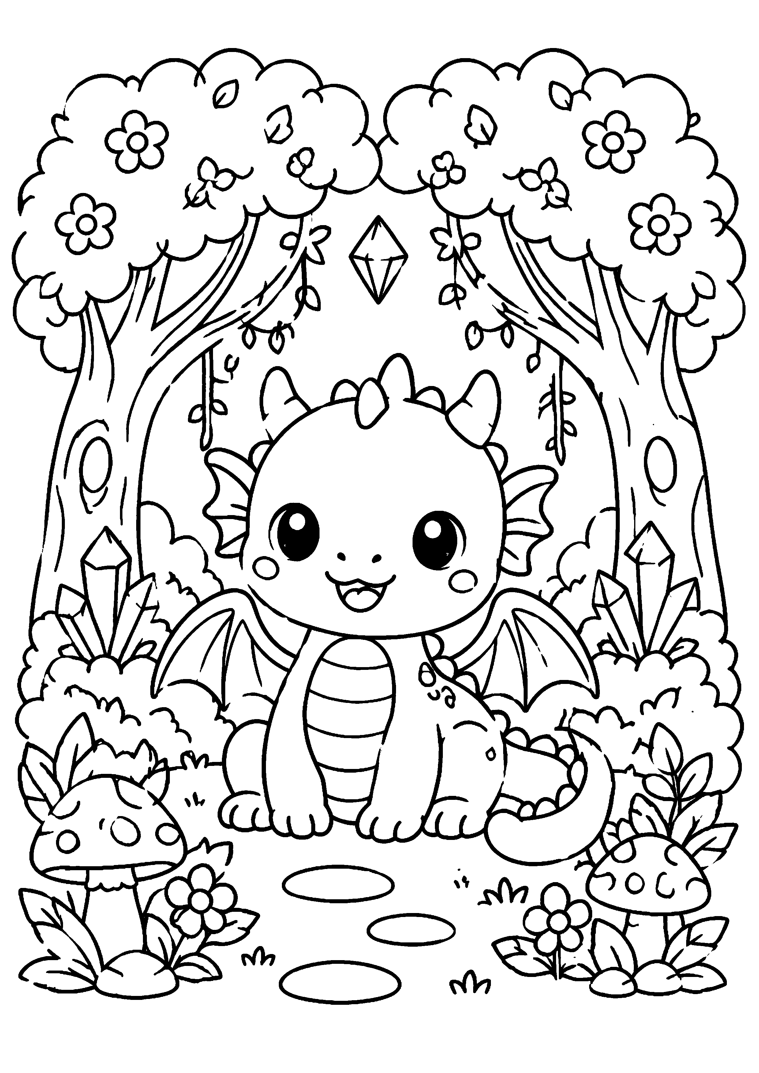 Coloriage bébé dragon dans une forêt fleurie à imprimer gratuitement