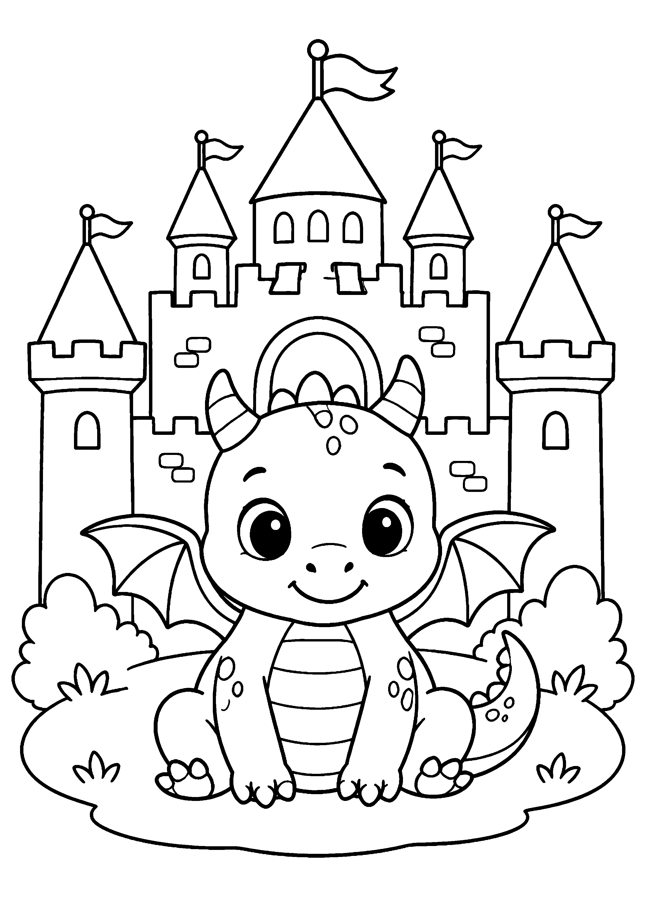 Coloriage petit dragon devant un château à imprimer gratuitement