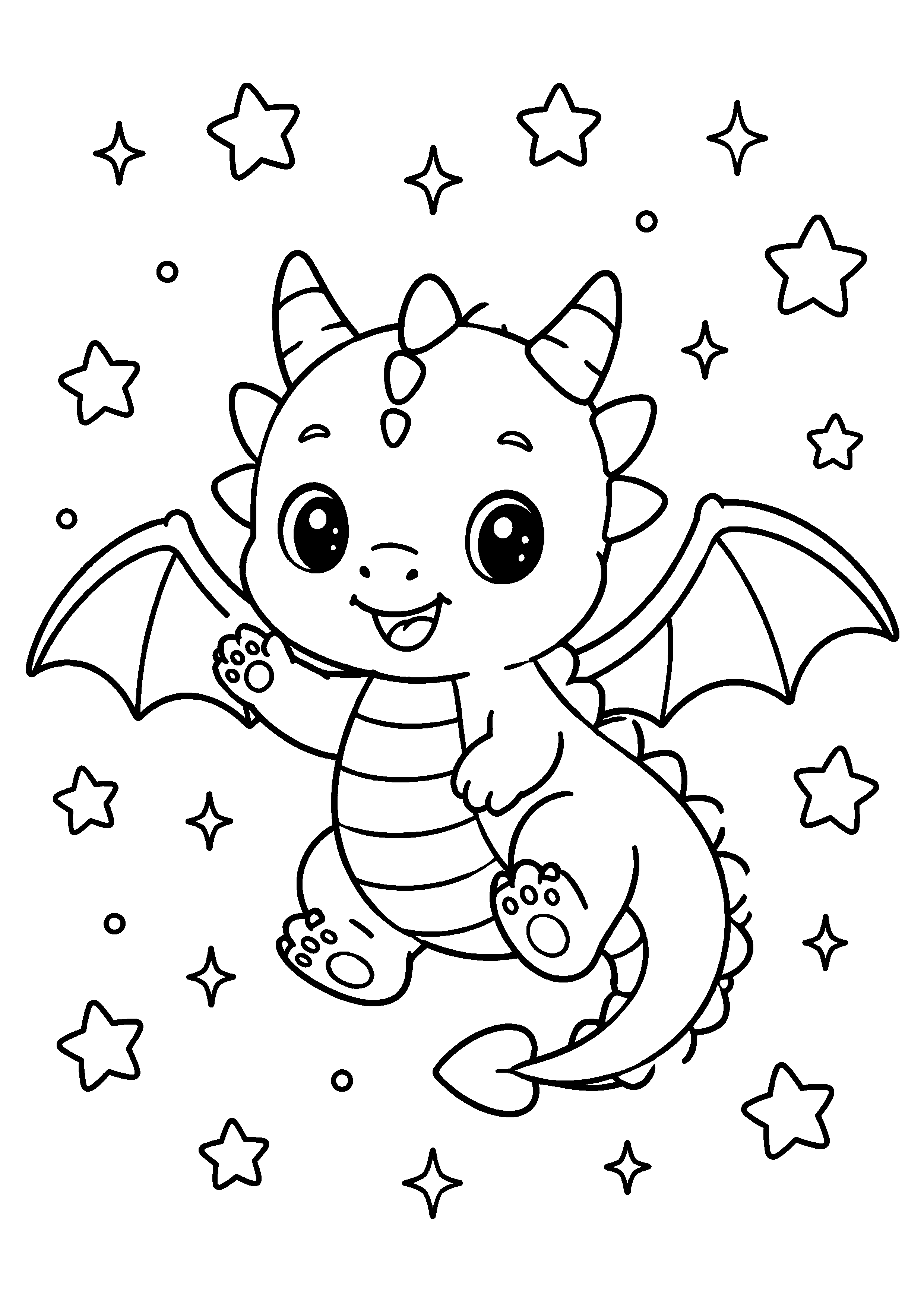 Coloriage dragon kawaii entouré d’étoiles à imprimer gratuitement