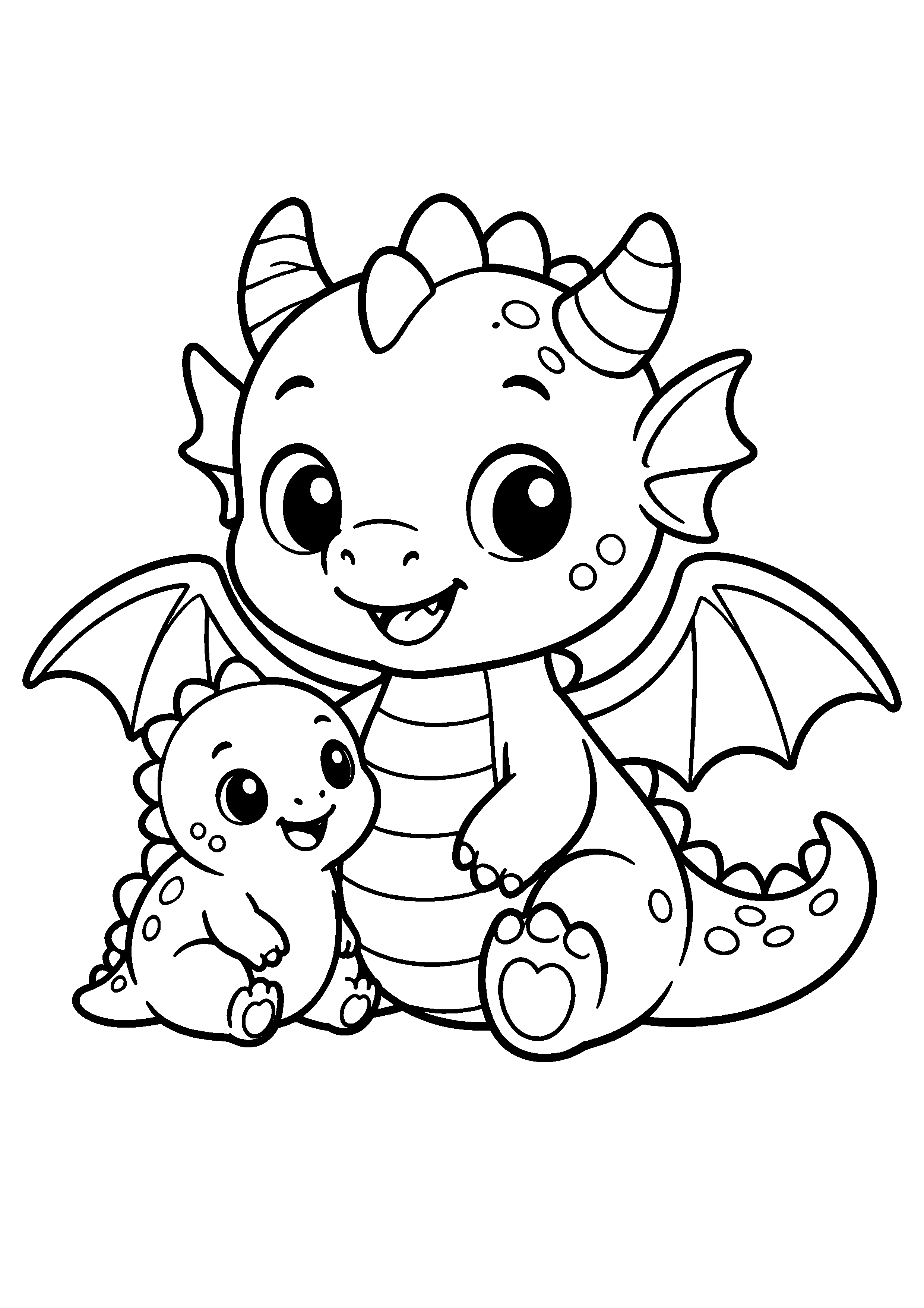 Coloriage grand dragon kawaii avec son bébé à imprimer gratuitement