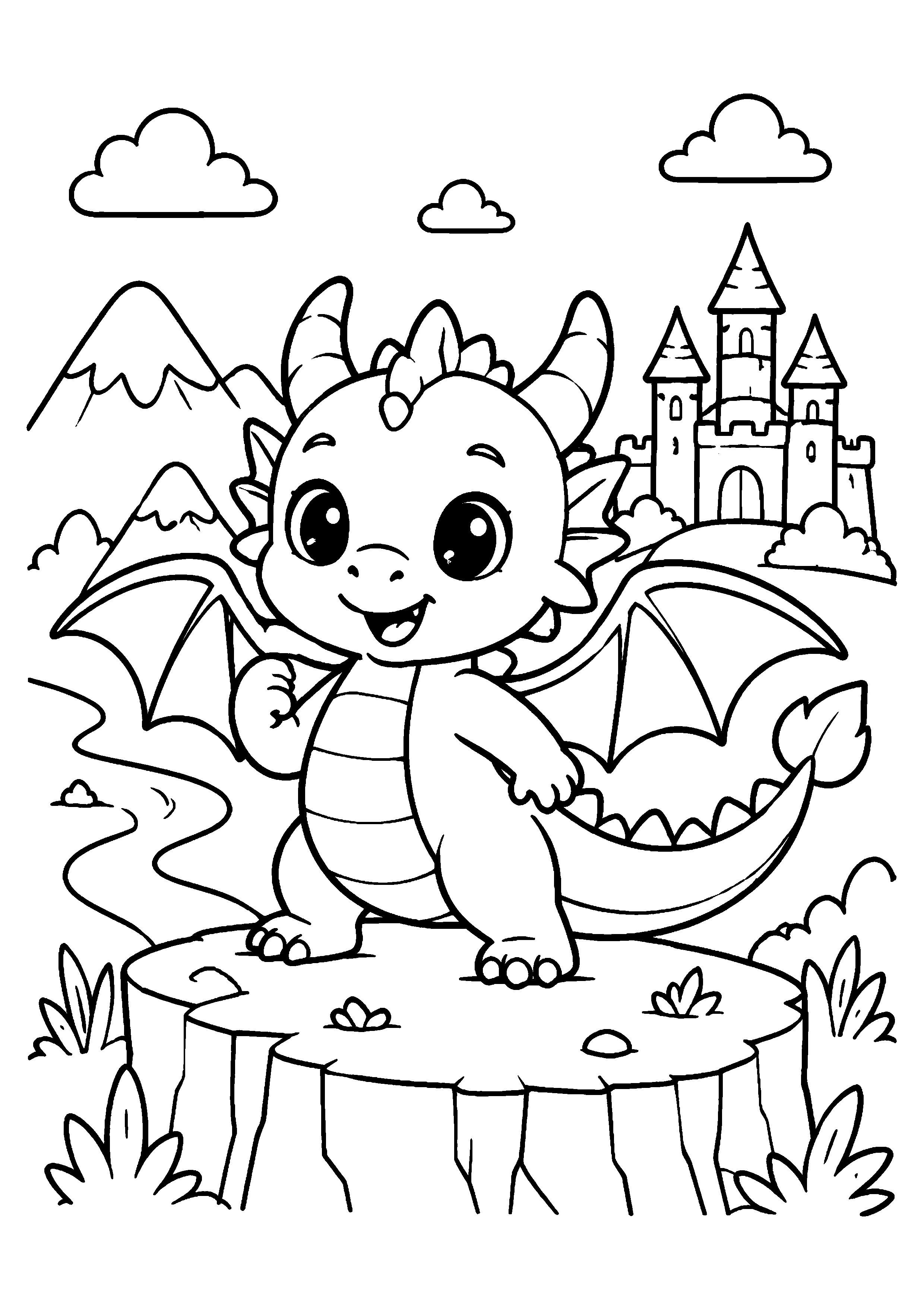 Coloriage dragon kawaii sur une souche devant montagnes et château à imprimer gratuitement