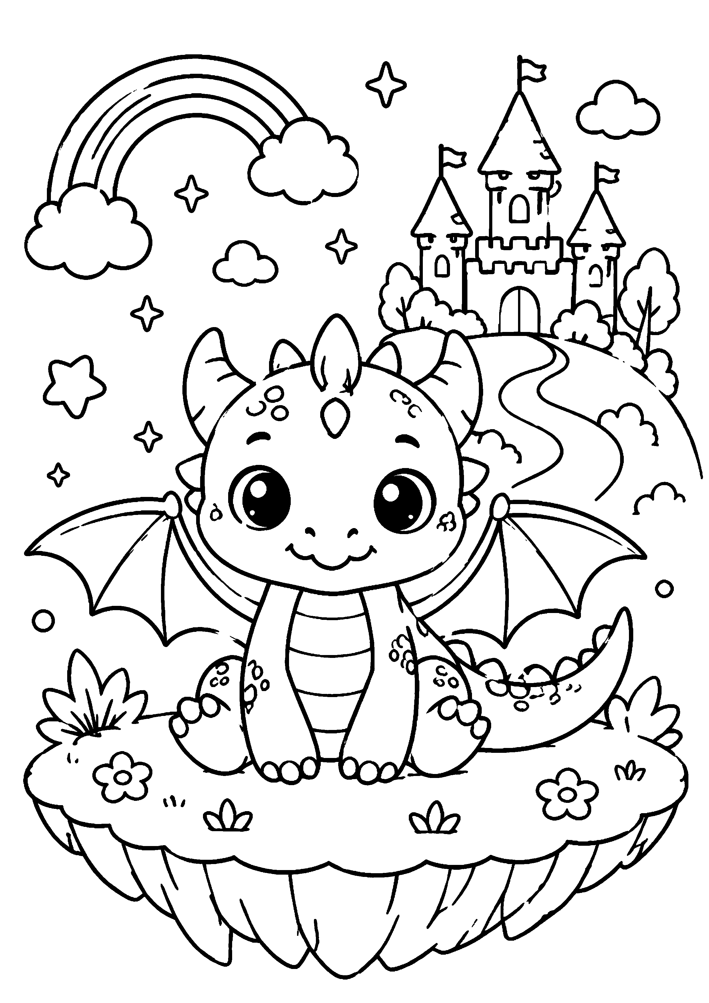 Coloriage dragon kawaii sous un arc-en-ciel devant un château à imprimer gratuitement