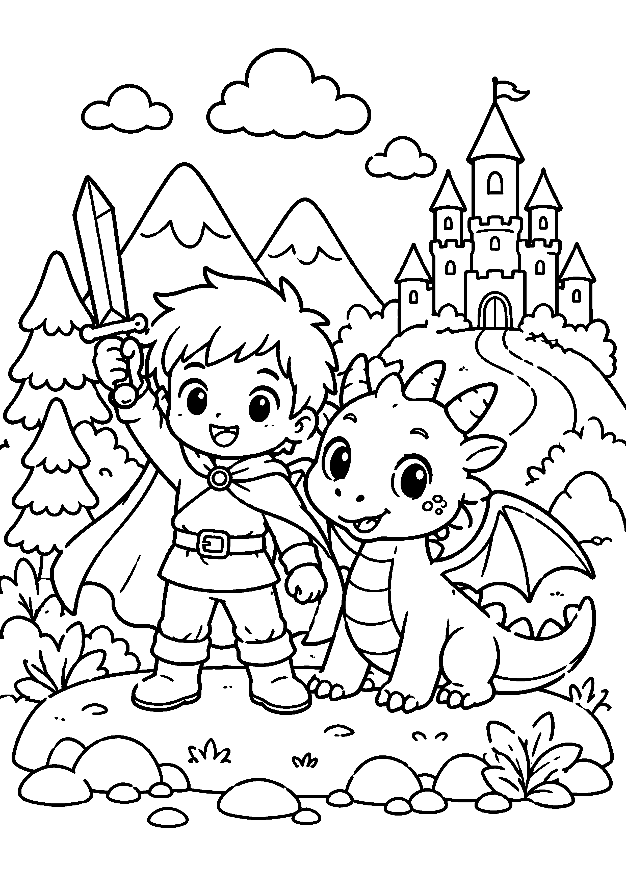 Coloriage enfant aventurier avec dragon devant un château à imprimer gratuitement