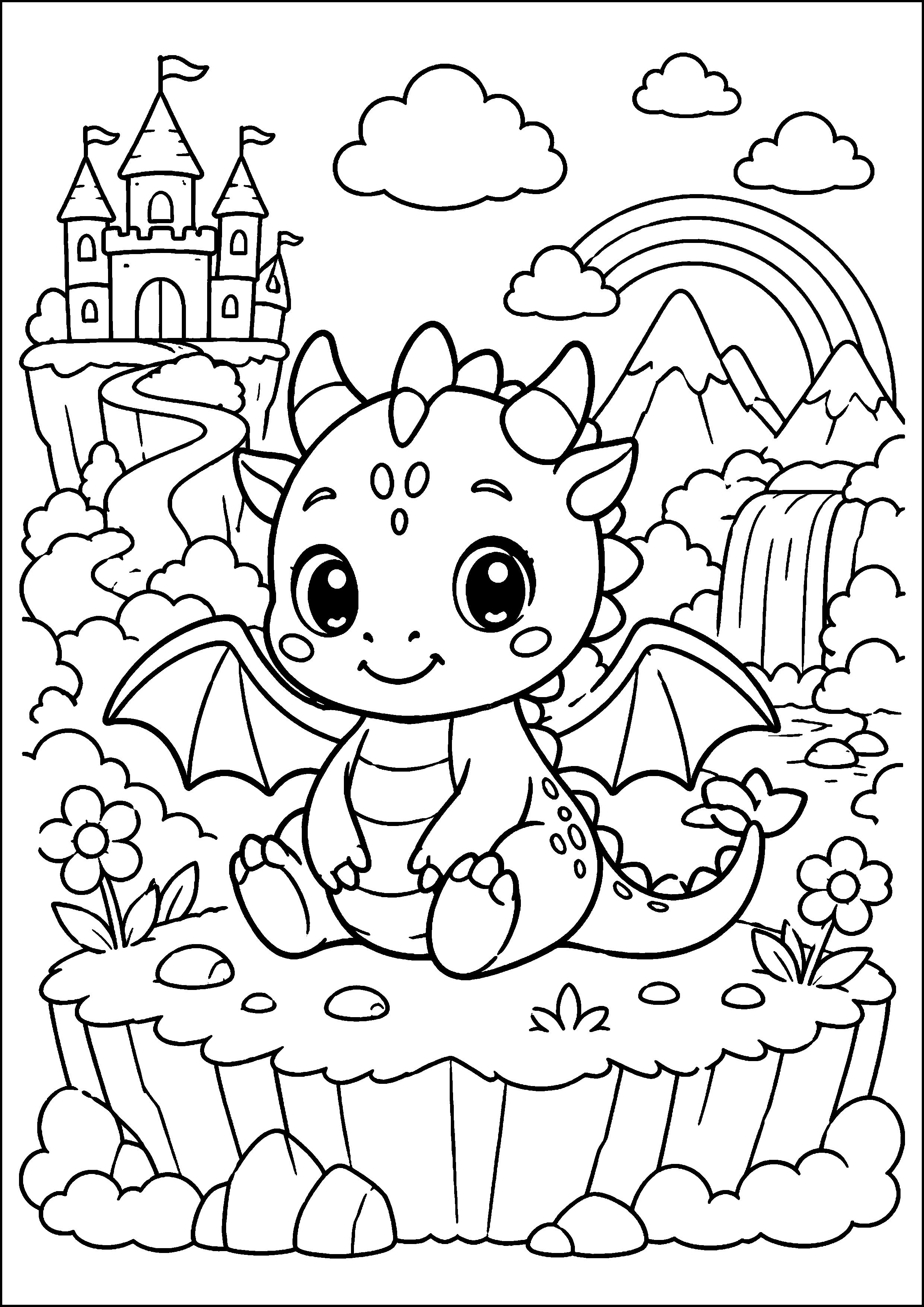 Coloriage bébé dragon dans un paysage de cascade et château à imprimer gratuitement