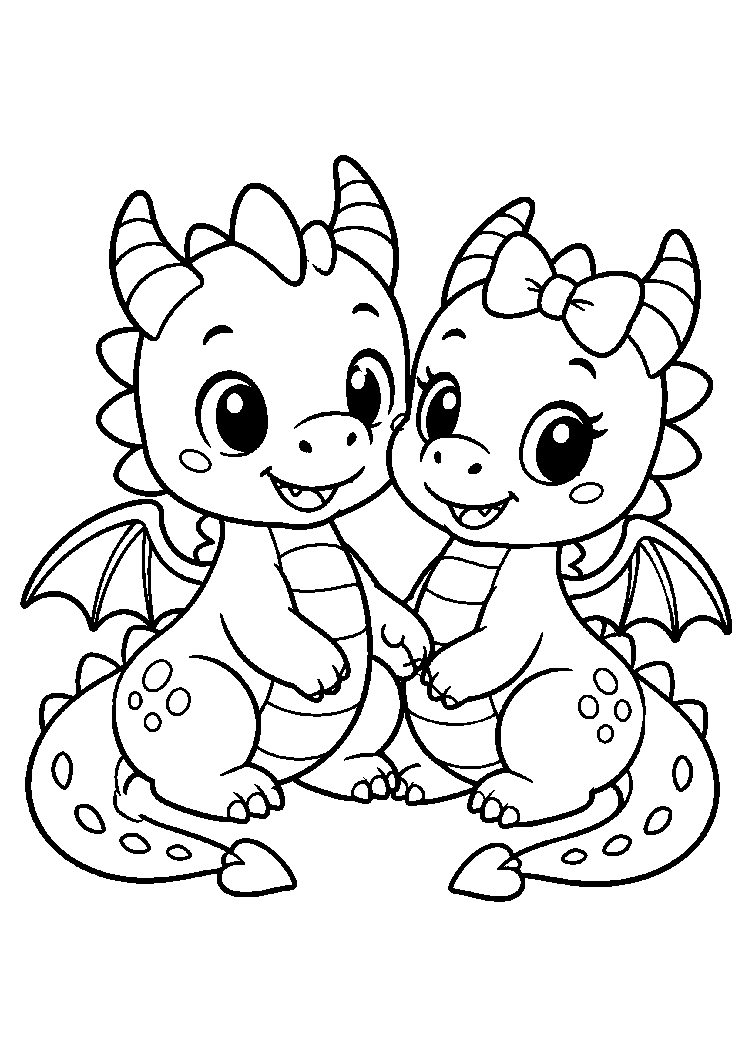 Coloriage deux bébés dragons se faisant un câlin à imprimer gratuitement