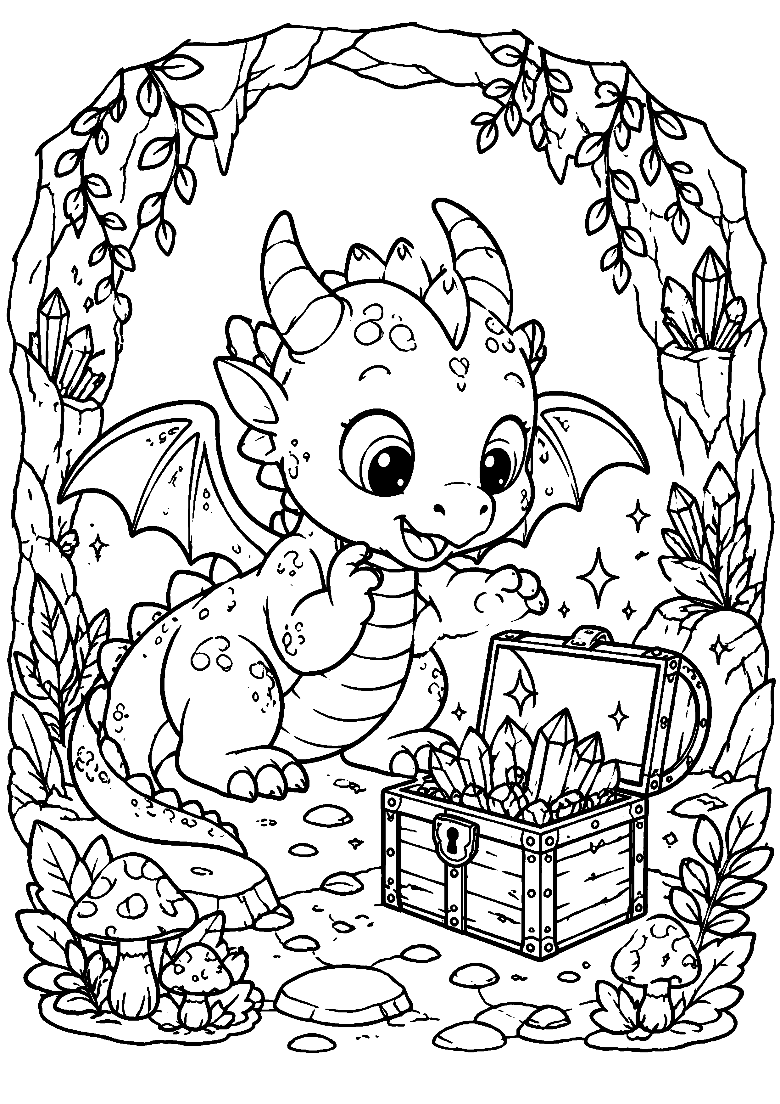 Coloriage dragon kawaii dans une grotte avec coffre à imprimer gratuitement