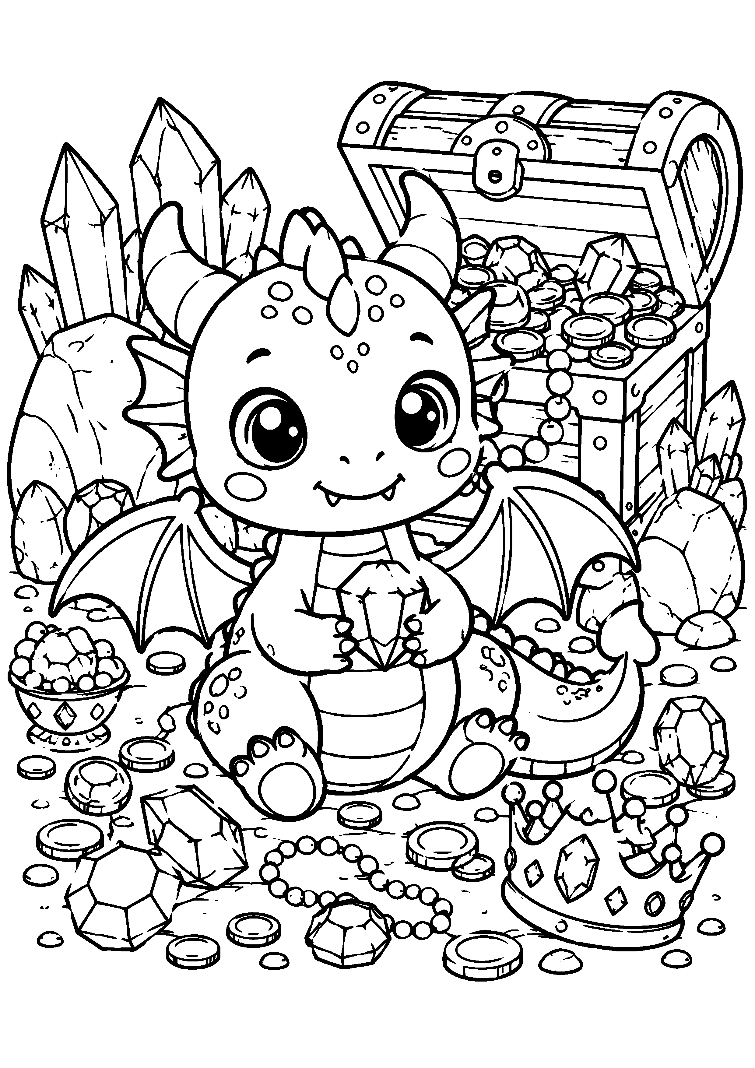 Coloriage dragon assis devant un coffre au trésor et des cristaux à imprimer gratuitement