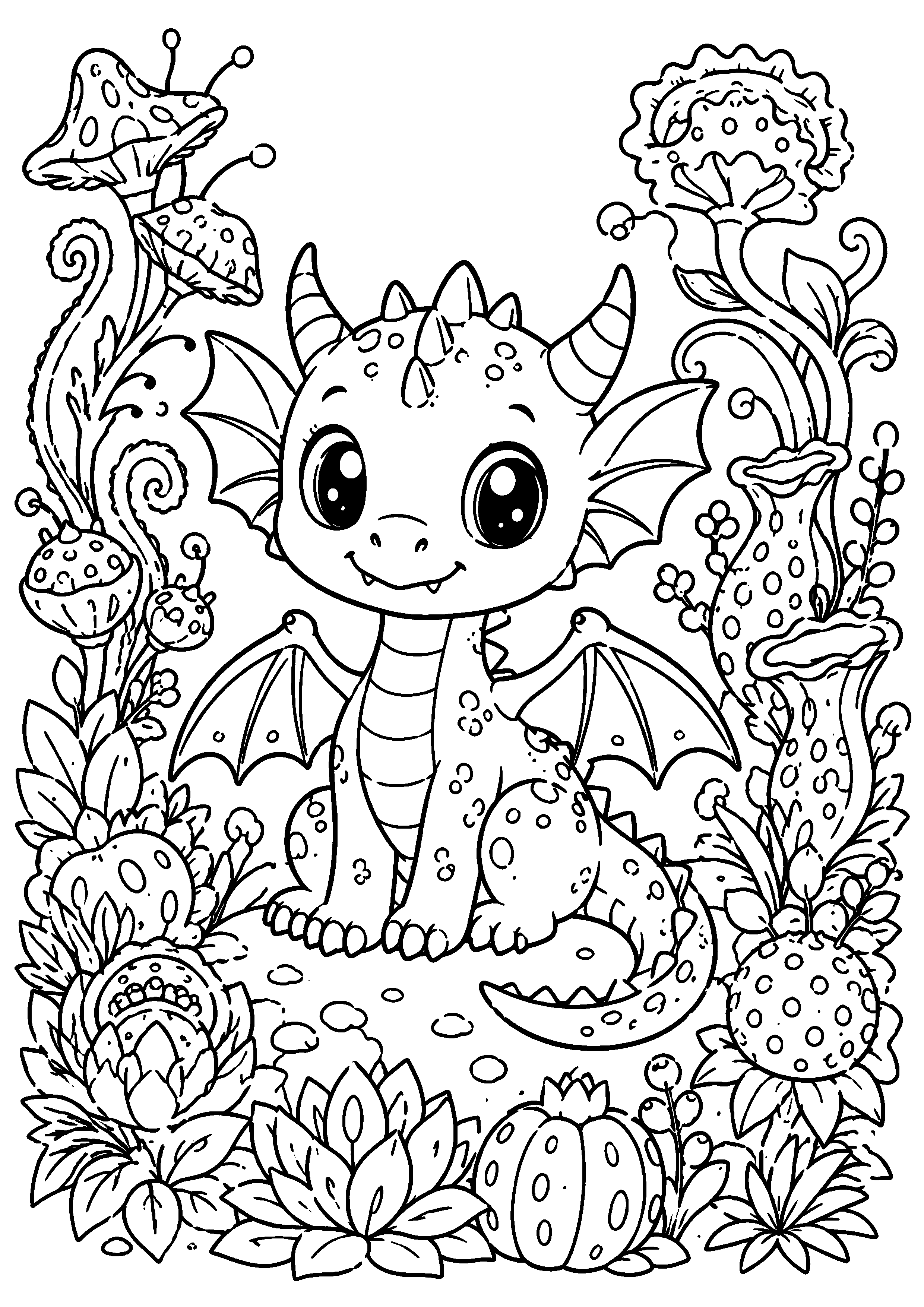Coloriage dragon kawaii dans un jardin fantastique à imprimer gratuitement