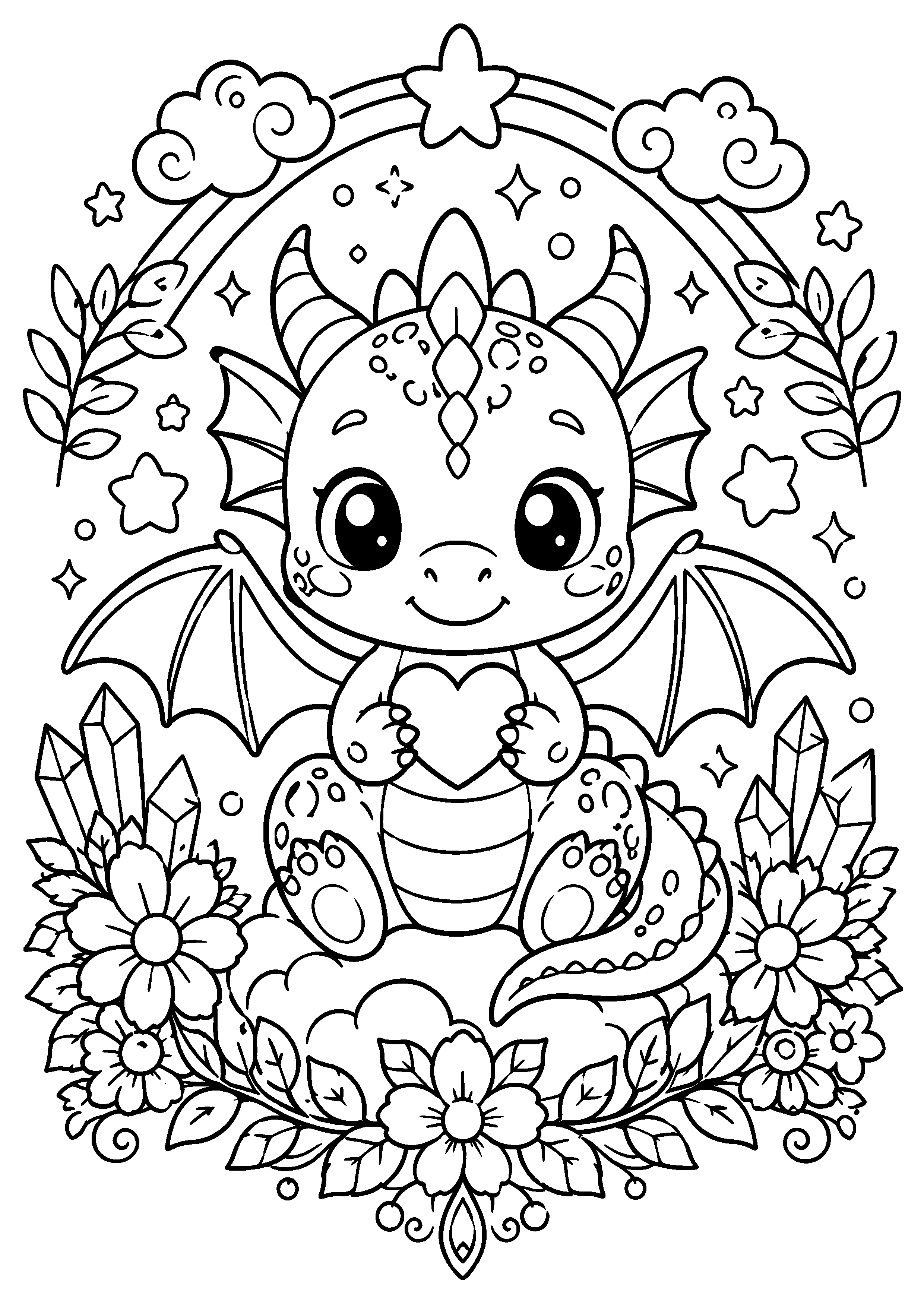 Coloriage dragon kawaii tenant un cœur dans un cadre floral à imprimer gratuitement