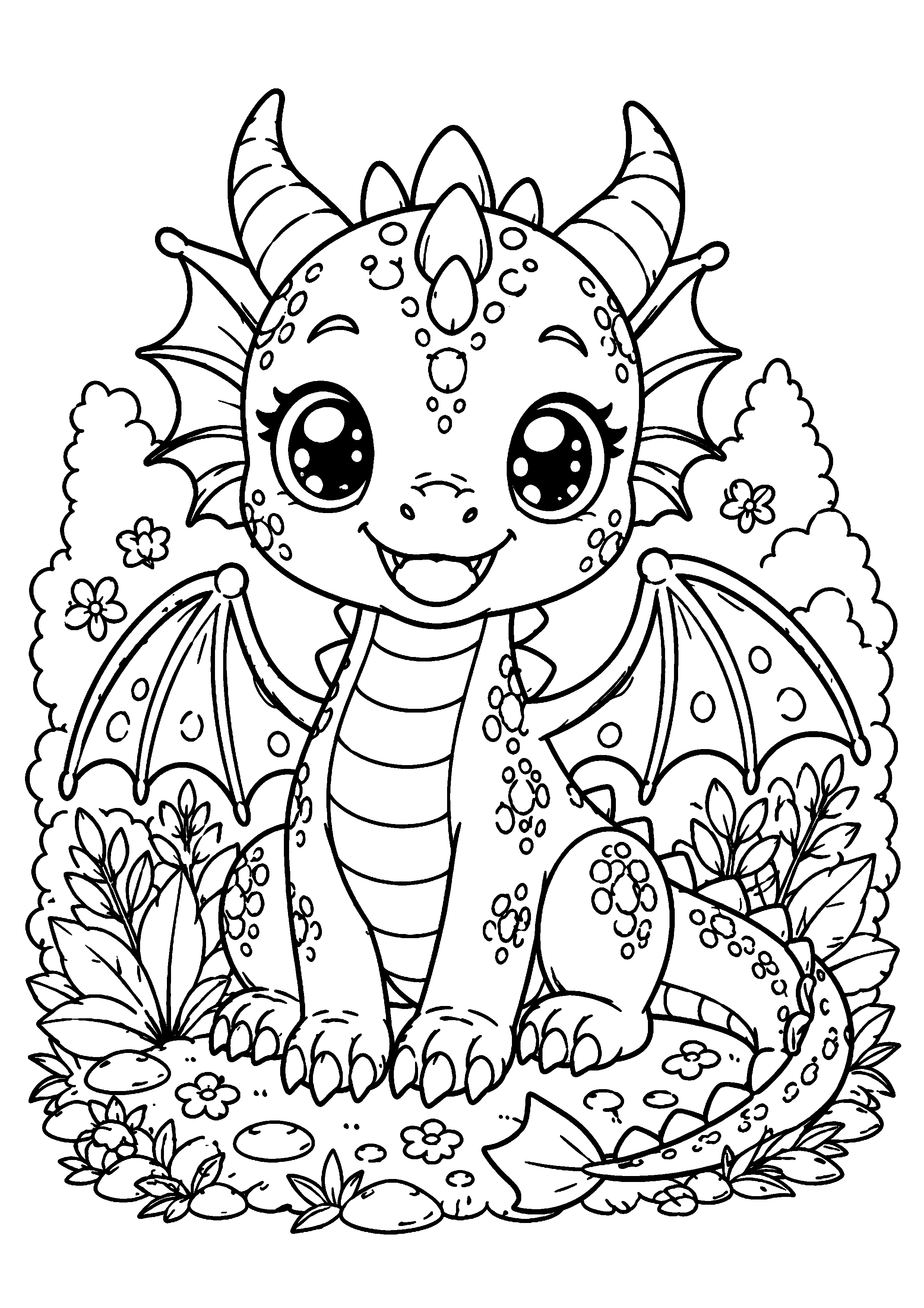 Coloriage dragon kawaii très détaillé au milieu des fleurs à imprimer gratuitement