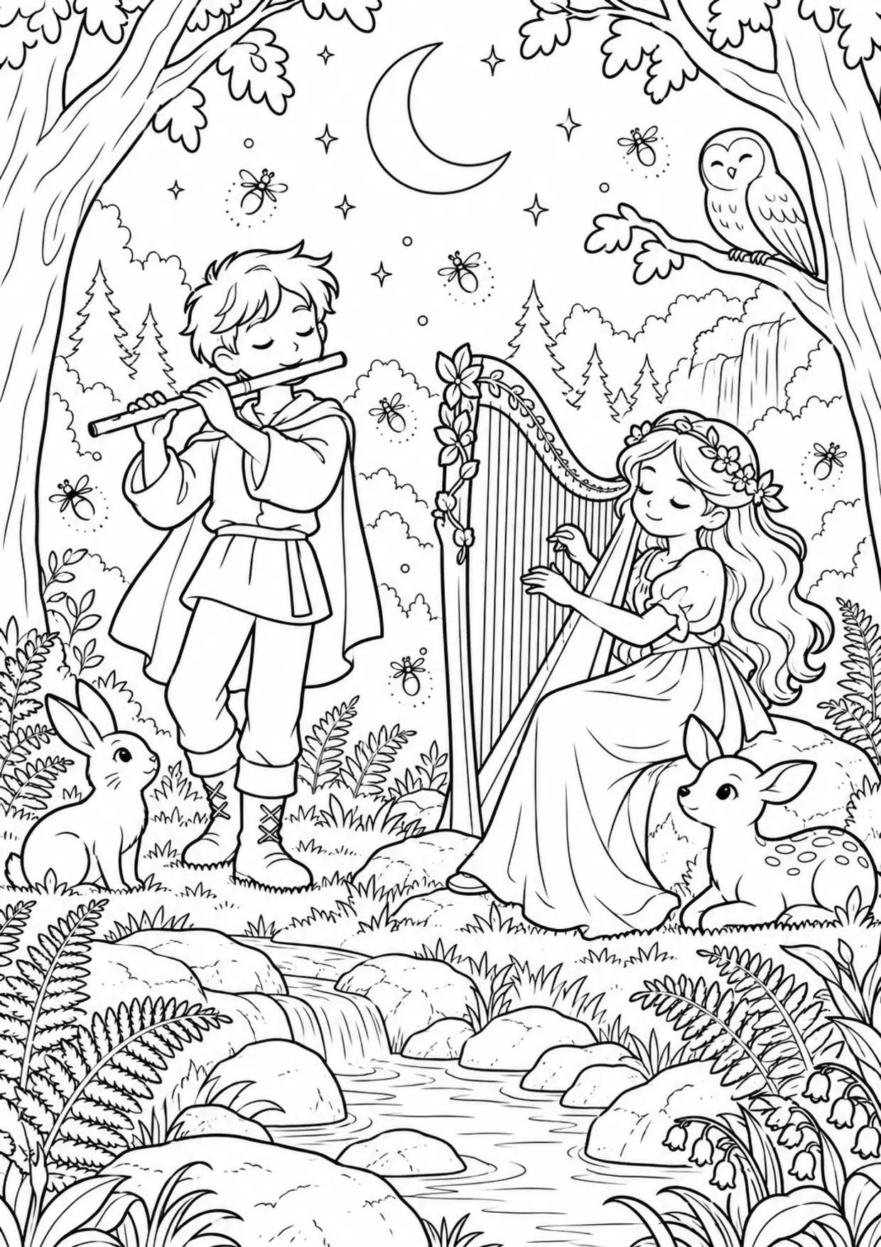 Coloriage harpe : duo flûte forêt