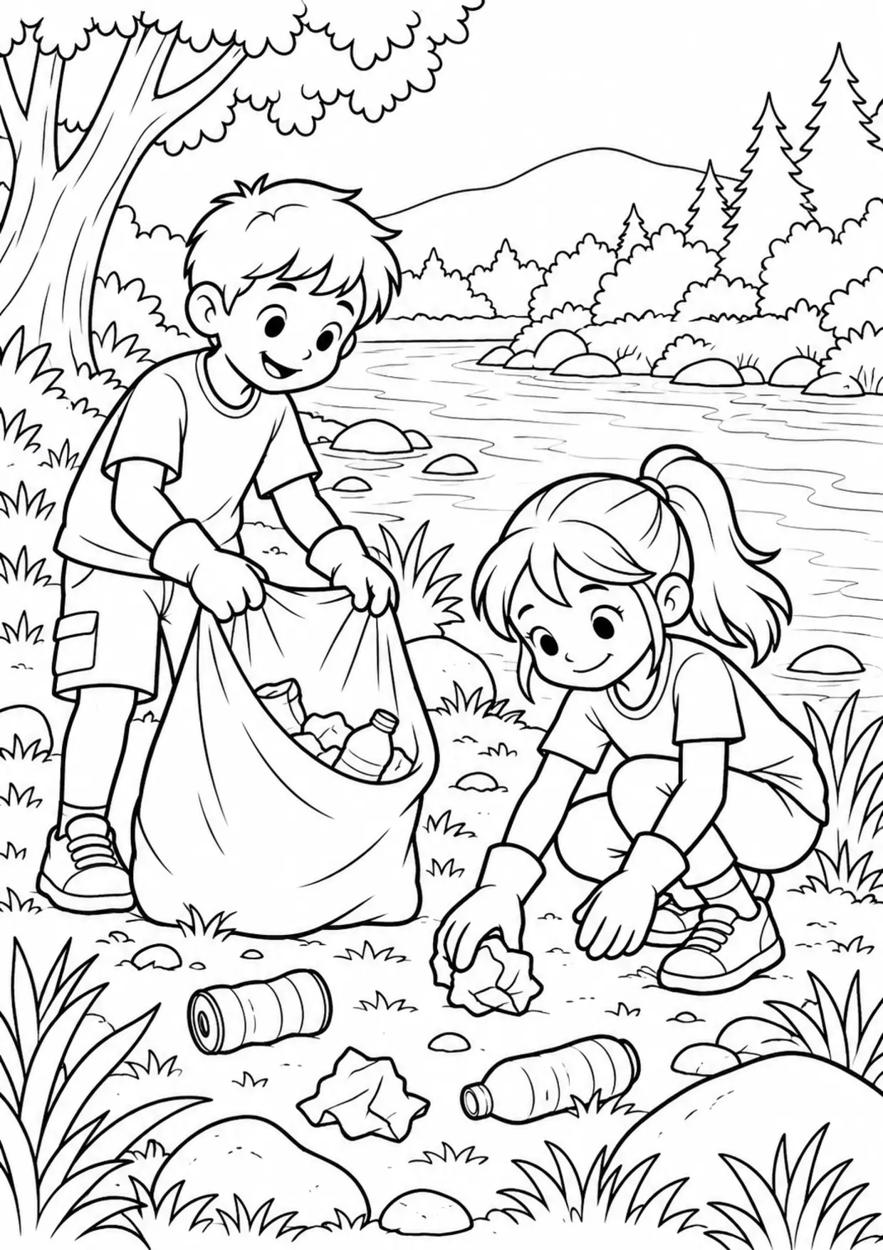 Coloriage à imprimer montrant nettoyage rivière, thème écologie