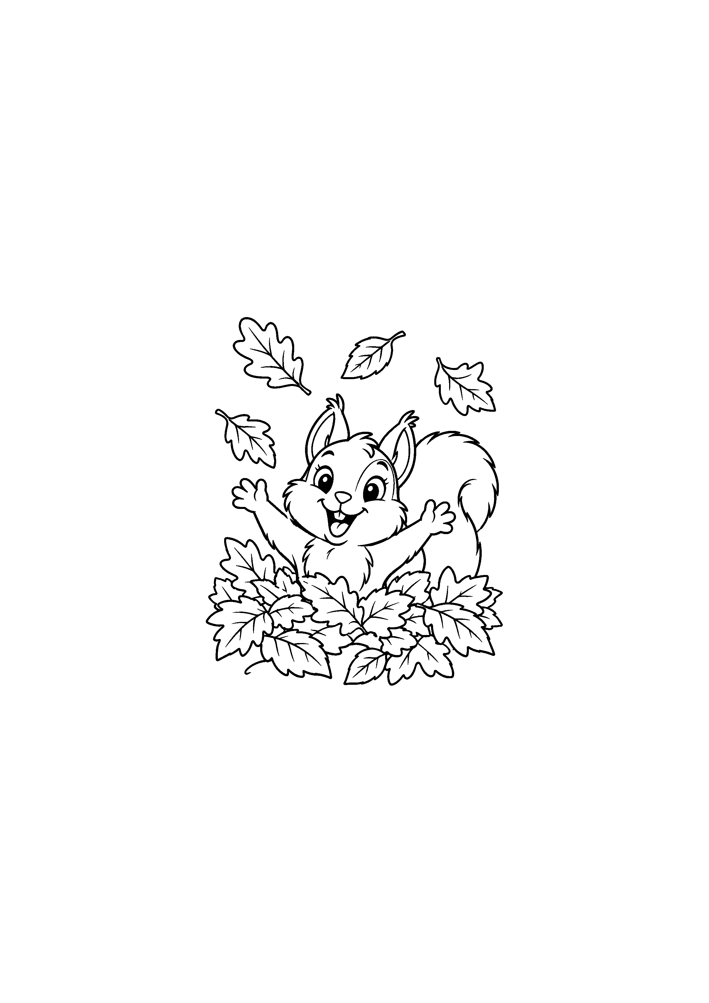 Coloriage écureuil bondissant dans un tas de feuilles à imprimer