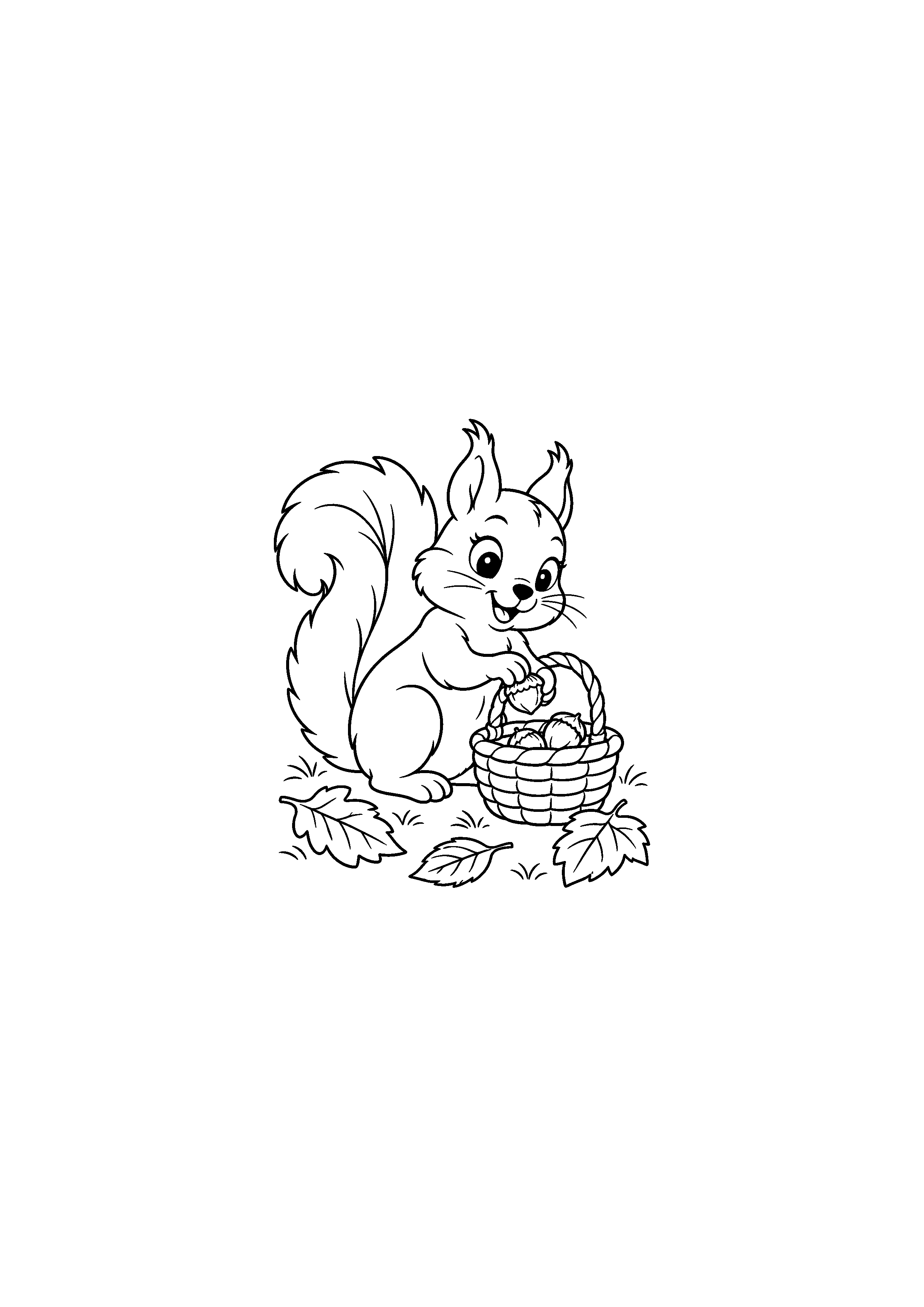 Coloriage écureuil rangeant une noisette dans un panier à imprimer