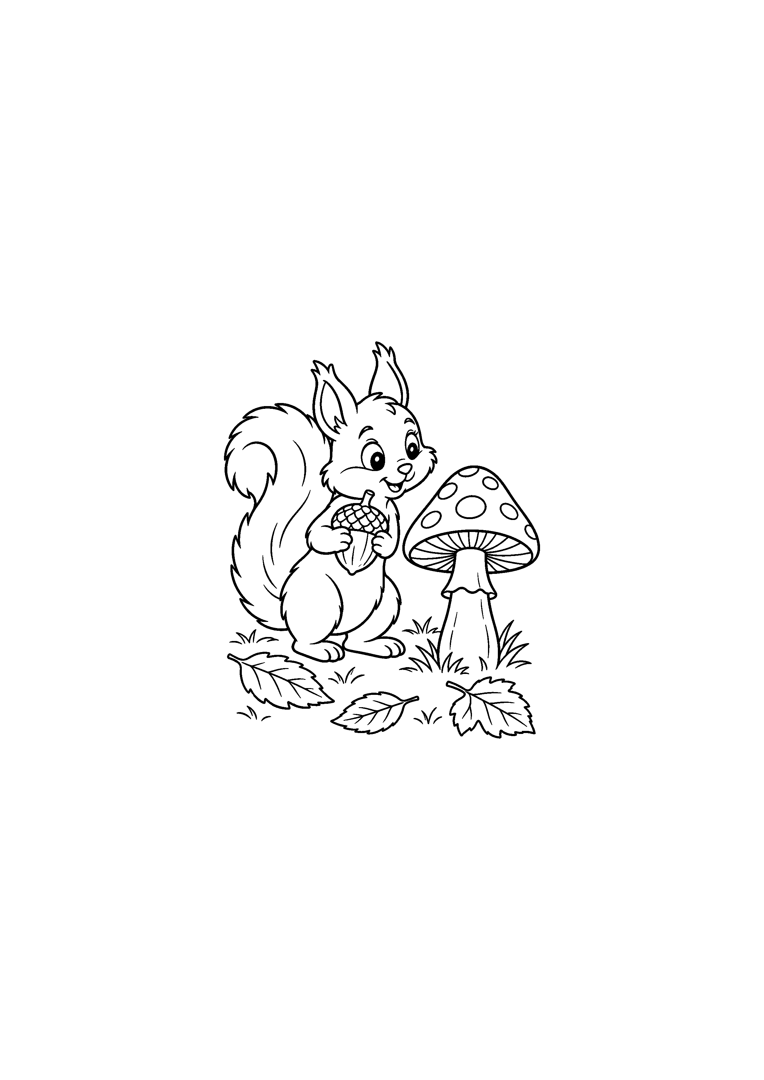 Coloriage écureuil observant un champignon avec un gland à imprimer