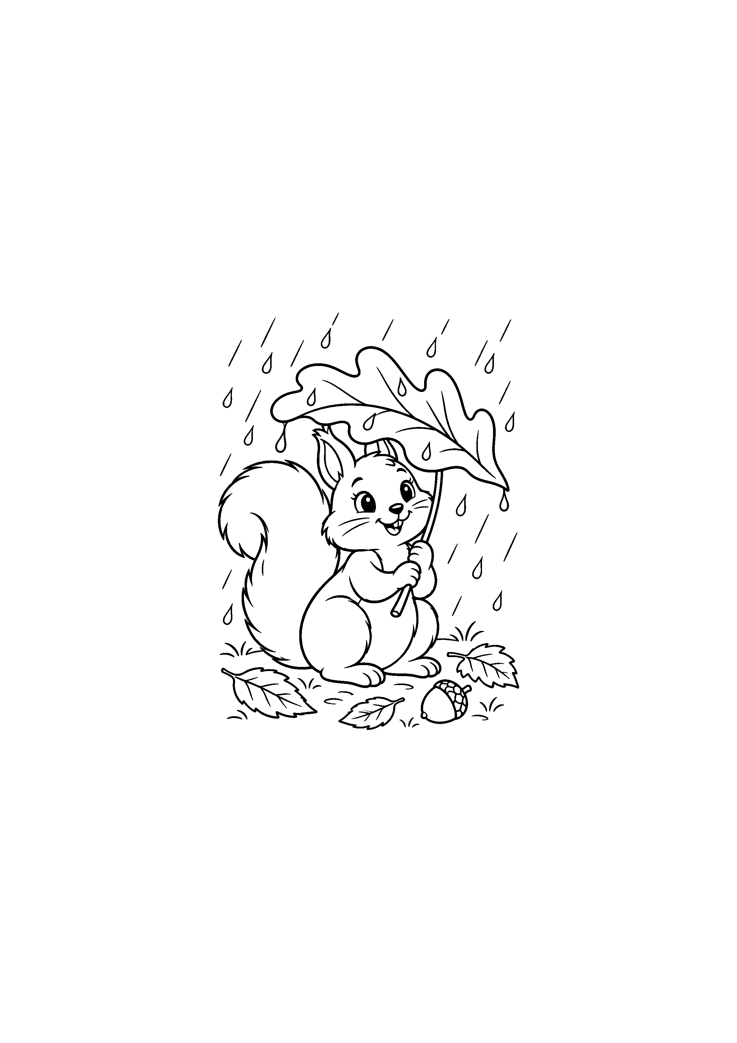 Coloriage écureuil sous une feuille pendant la pluie à imprimer