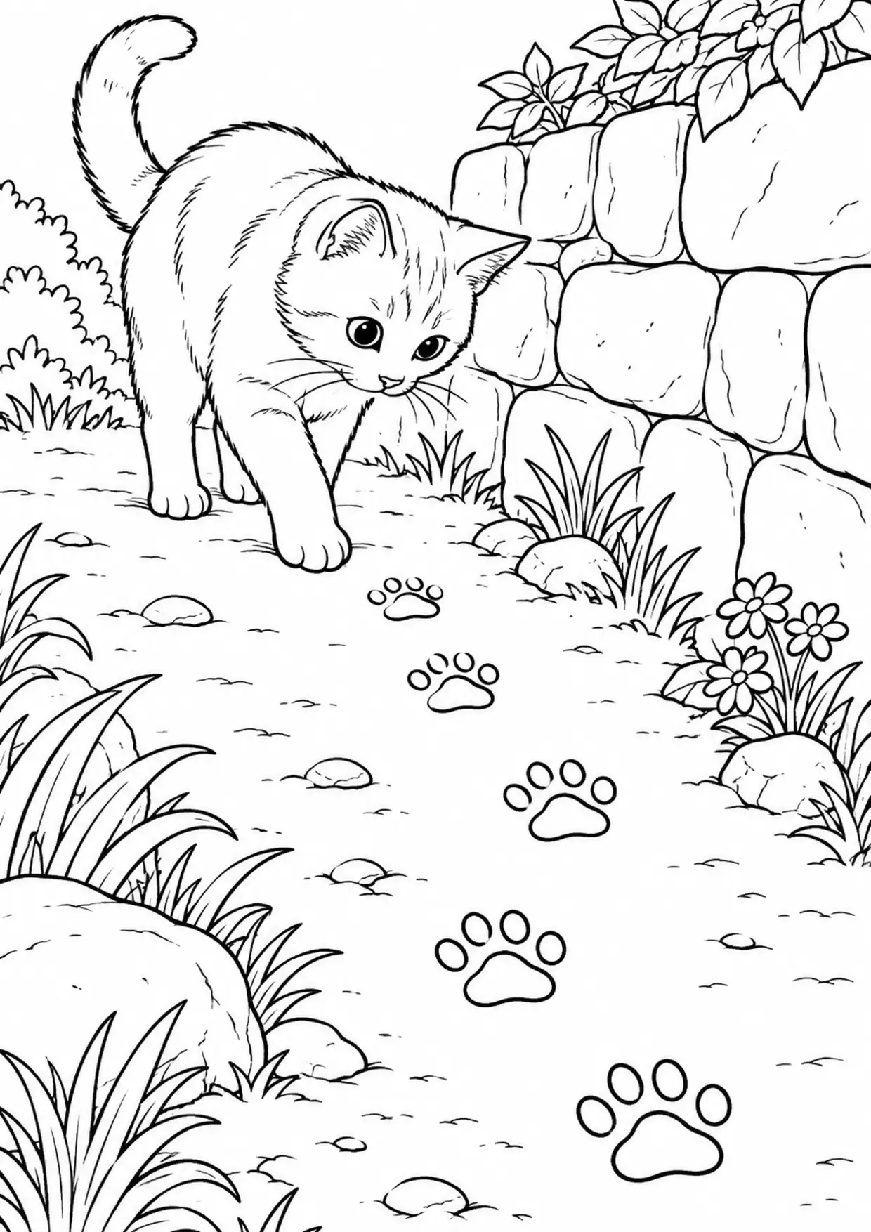 Coloriage empreintes d’animaux : empreinte de chat près d’un muret à imprimer
