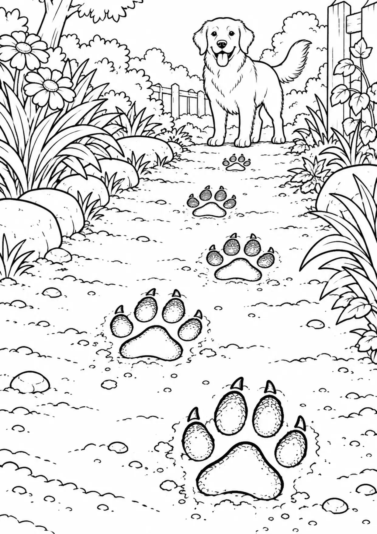 Coloriage empreintes d’animaux : empreinte de chien dans la terre humide à imprimer