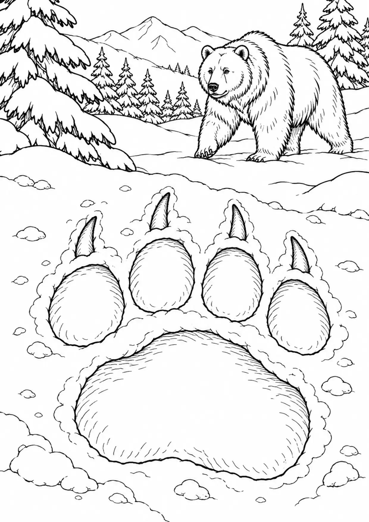 Coloriage empreintes d’animaux : grande empreinte d’ours dans la neige à imprimer