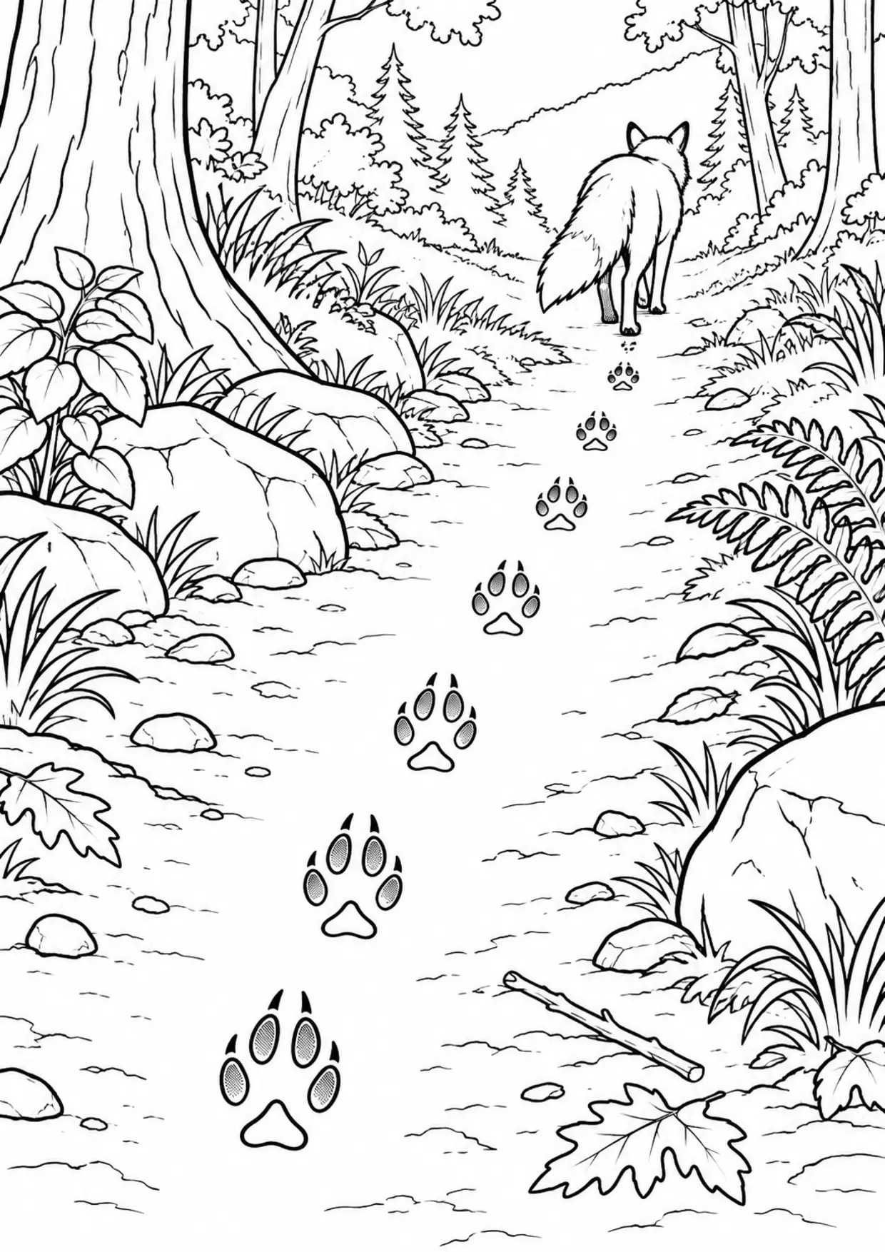 Coloriage empreintes d’animaux : traces de renard le long d’un sentier à imprimer