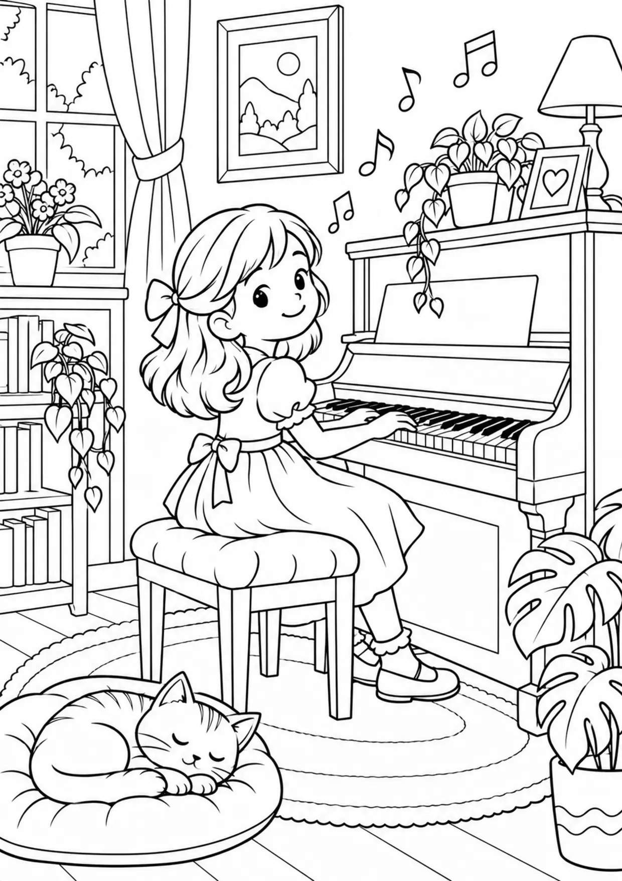 Coloriage piano : enfant chat à imprimer montrant enfant chat, dessin noir et blanc