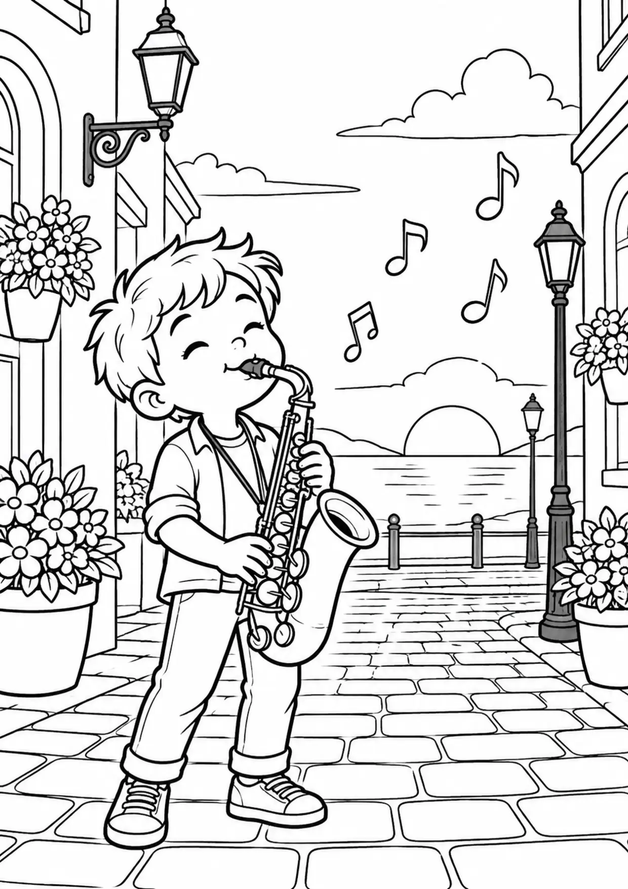 Coloriage saxophone : enfant rue