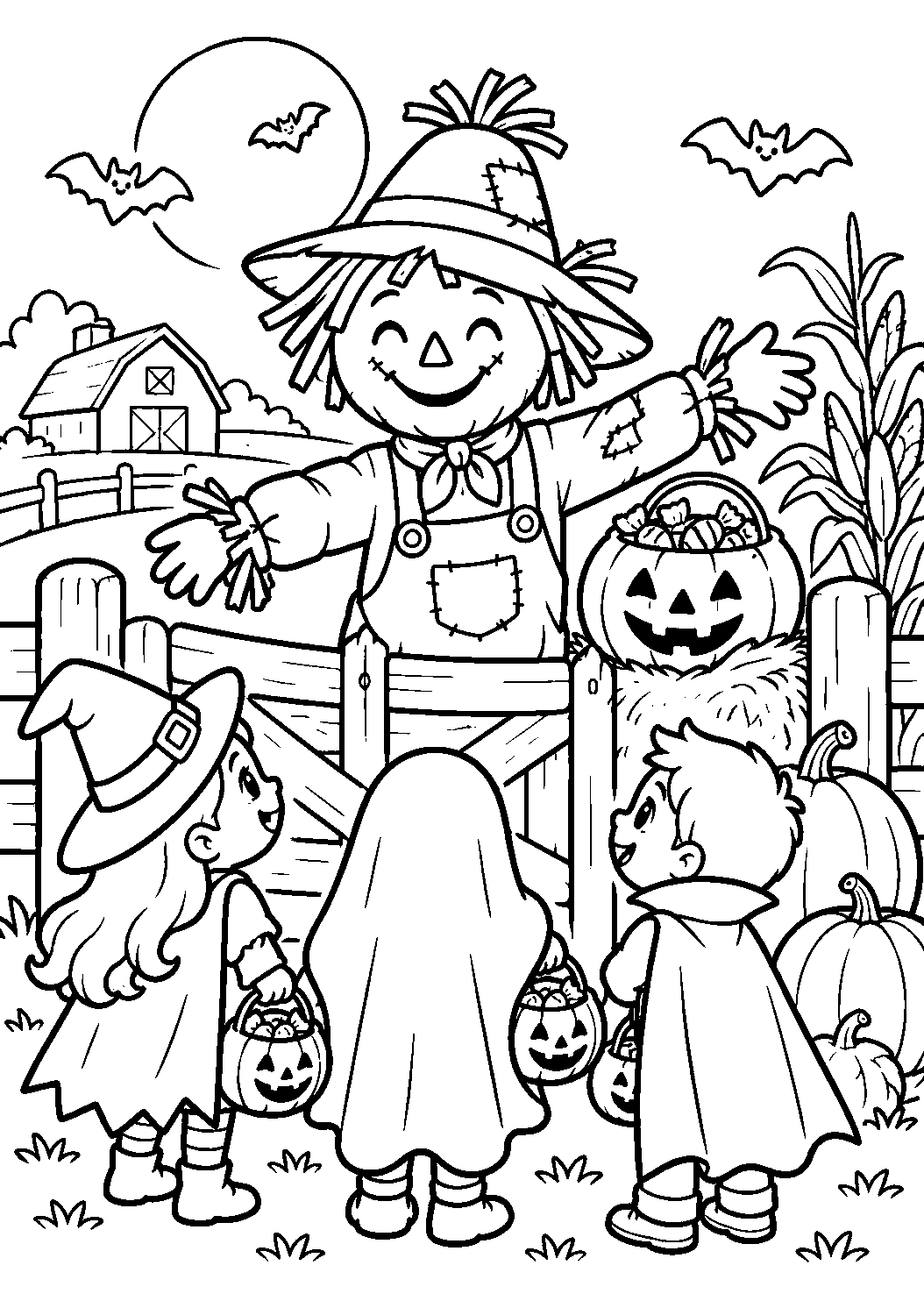 Épouvantail accueillant des enfants déguisés à la ferme