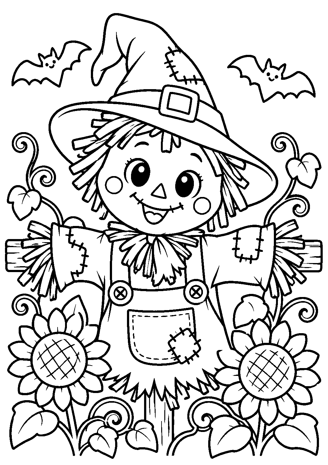 Épouvantail souriant avec chapeau de sorcière et tournesols