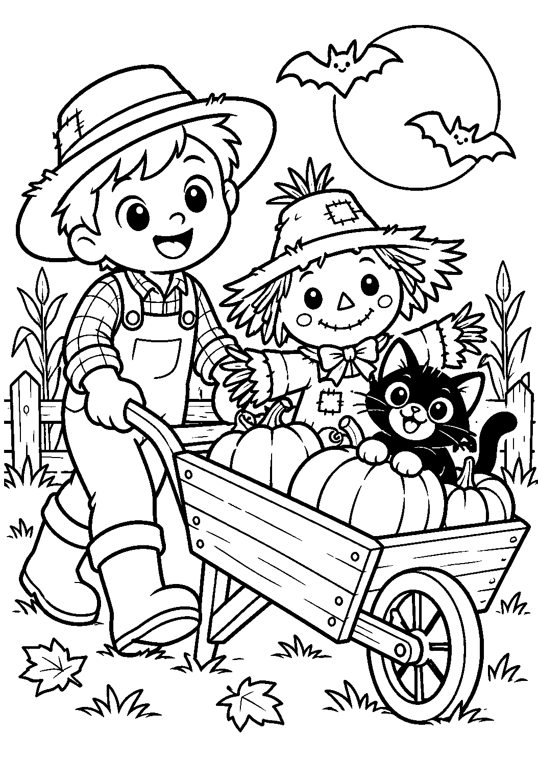 Petit épouvantail et chat dans une brouette pleine de citrouilles