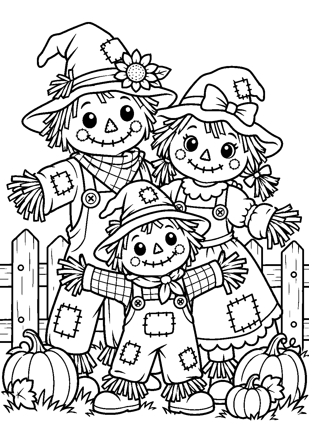 Famille de trois épouvantails avec tenues et chapeaux différents
