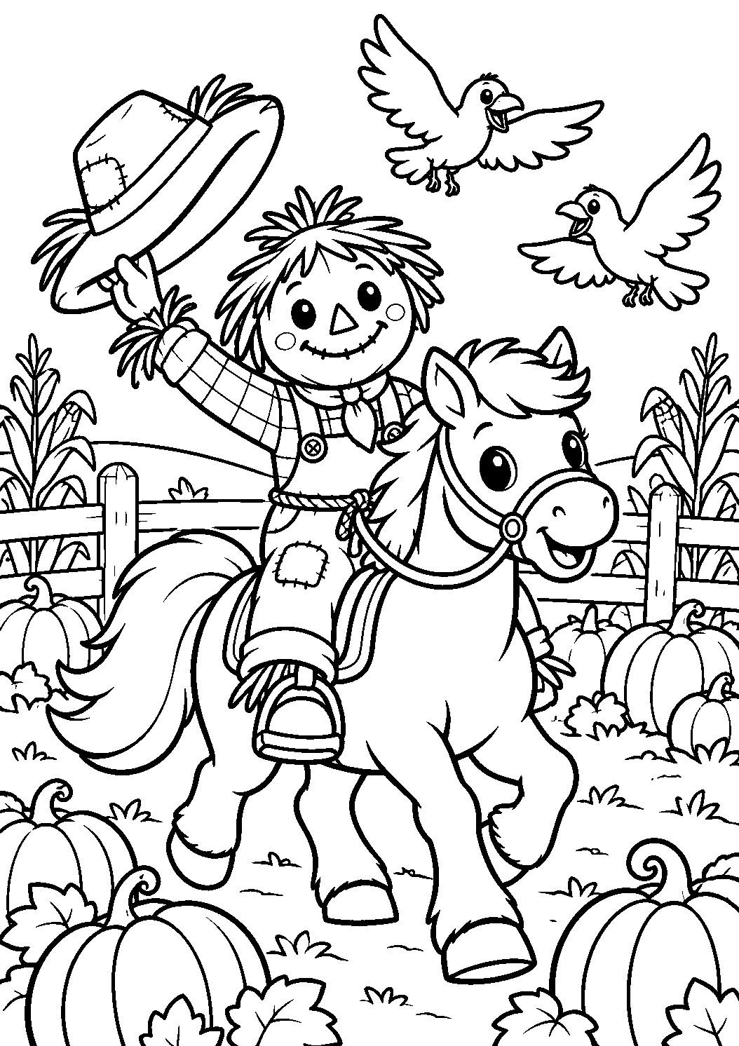 Épouvantail saluant depuis un cheval dans un champ de citrouilles