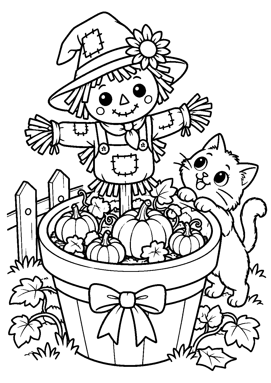 Petit épouvantail dans un grand pot gardant des mini citrouilles