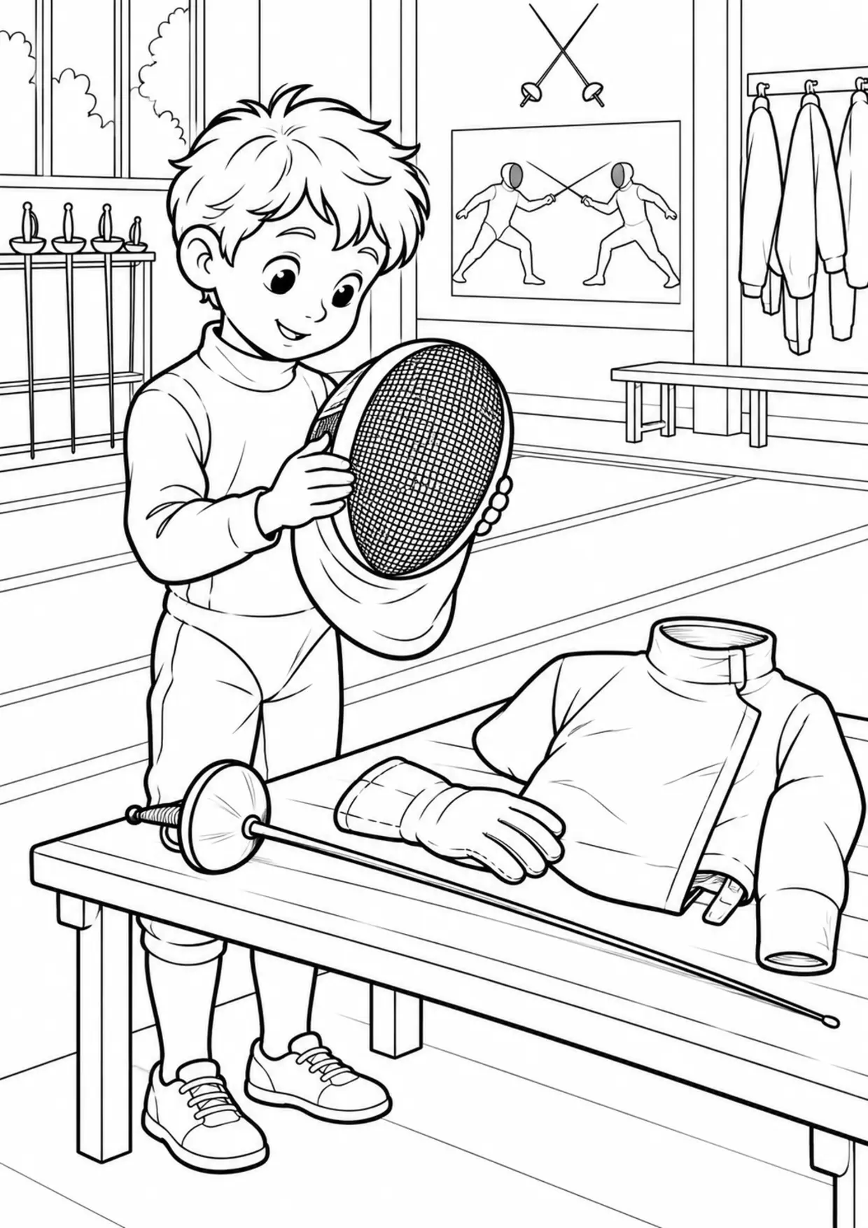 Coloriage escrime : enfant découvrant le matériel sportif à imprimer