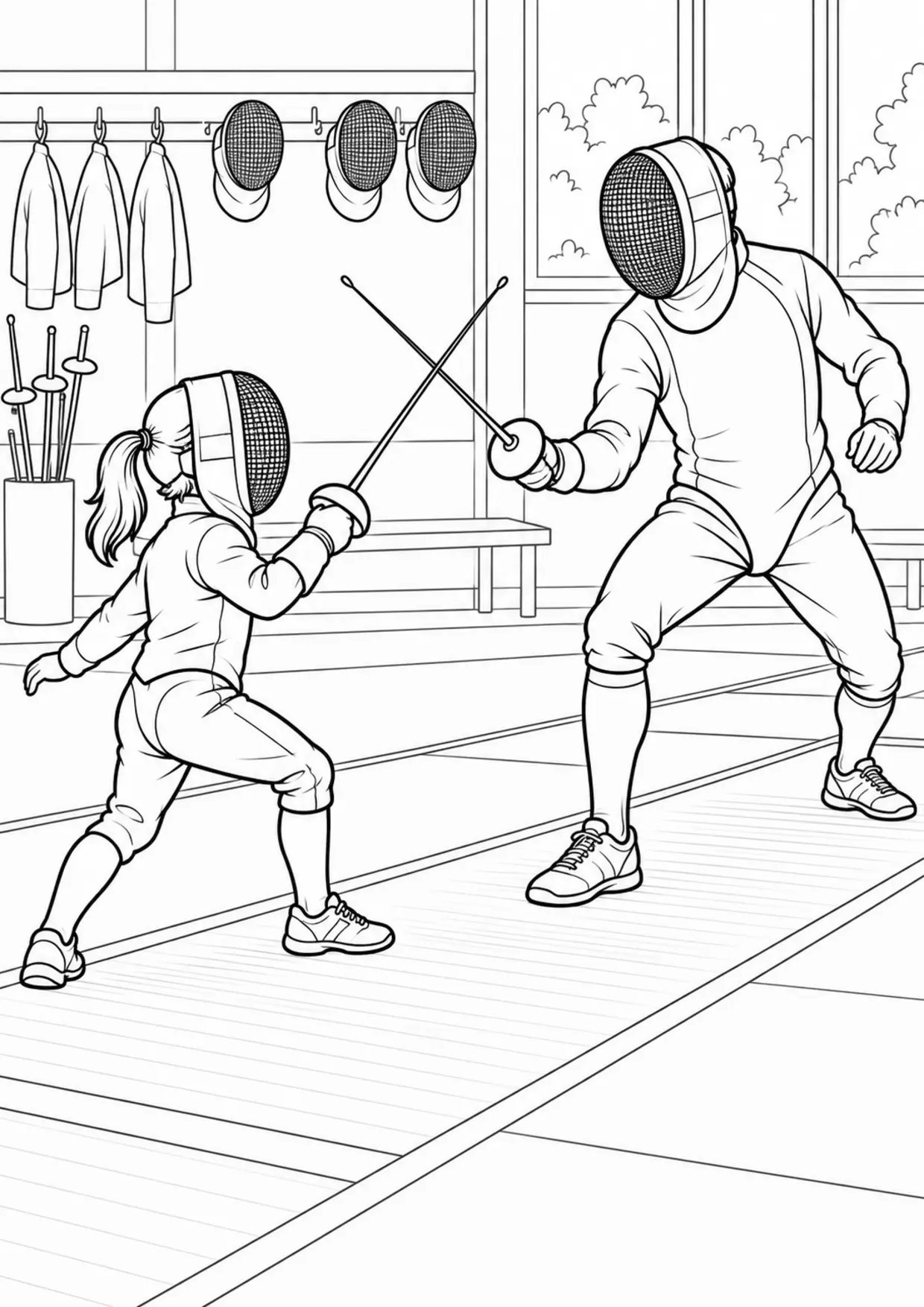 Coloriage escrime : enfant et adulte lors d’un entraînement à imprimer