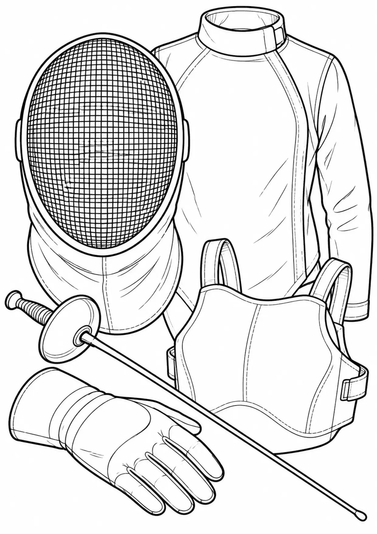 Coloriage escrime : grand équipement vu de face à imprimer