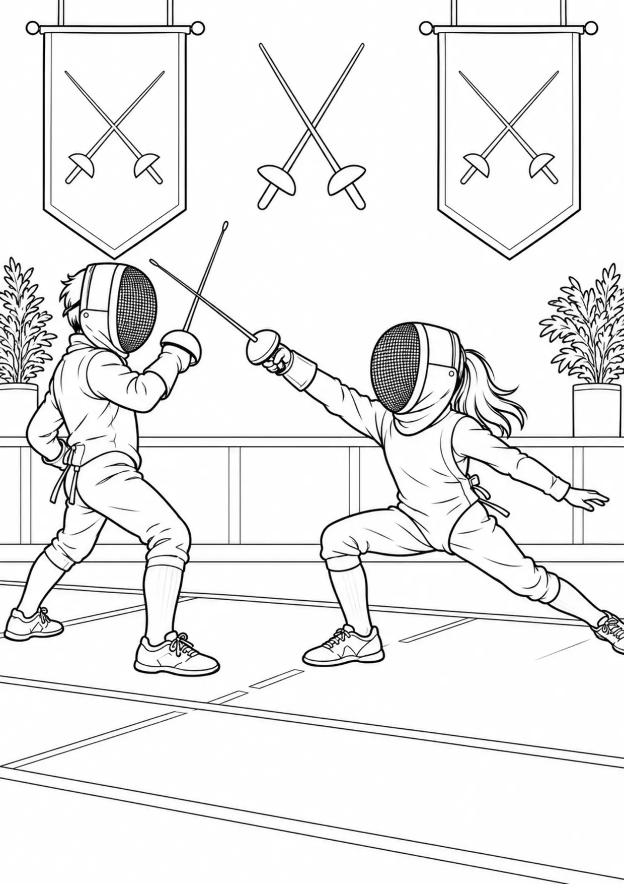 Coloriage escrime : sportif en action avec un geste simple à imprimer