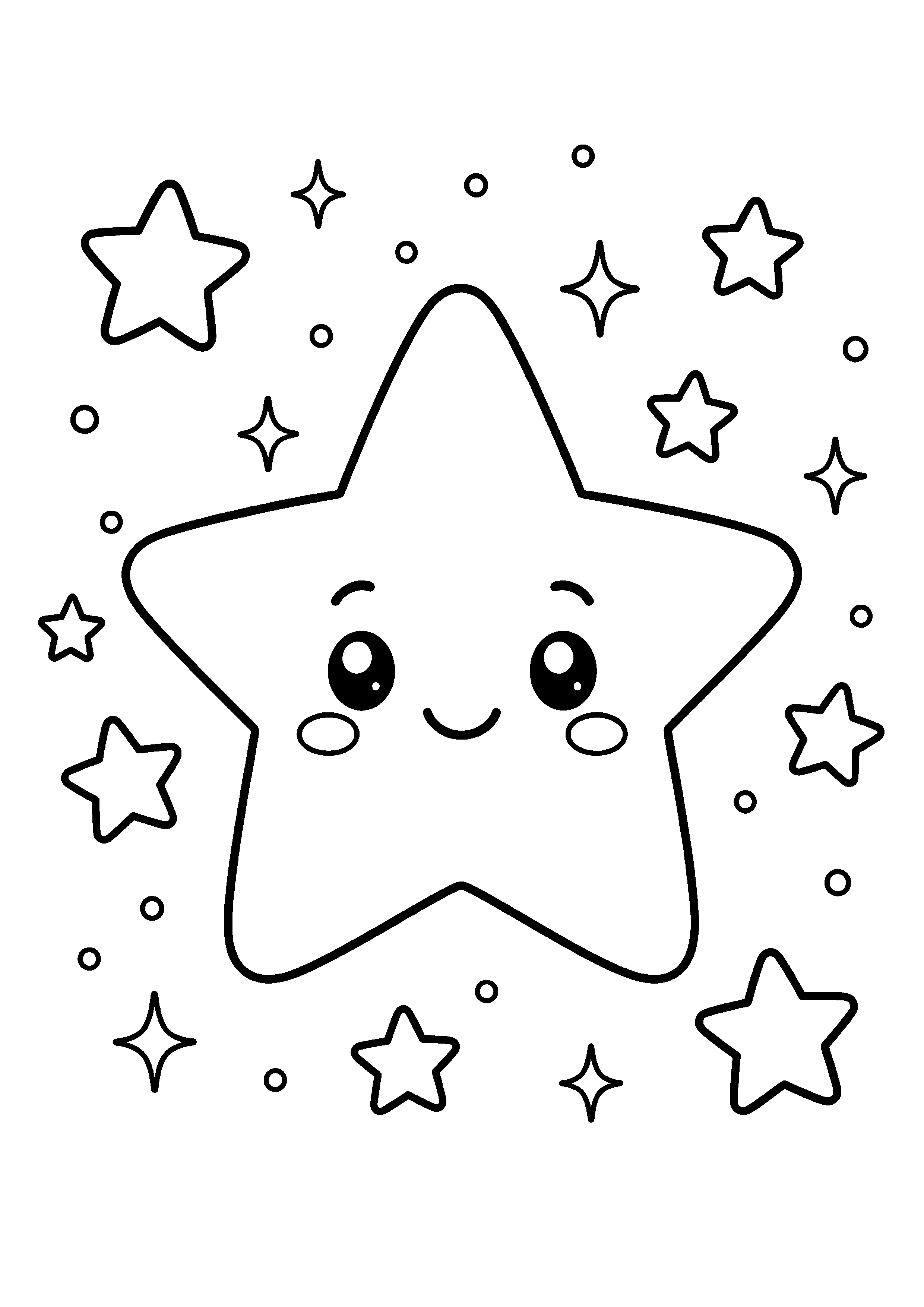 Coloriage grande étoile kawaii entourée de petites étoiles à imprimer gratuitement