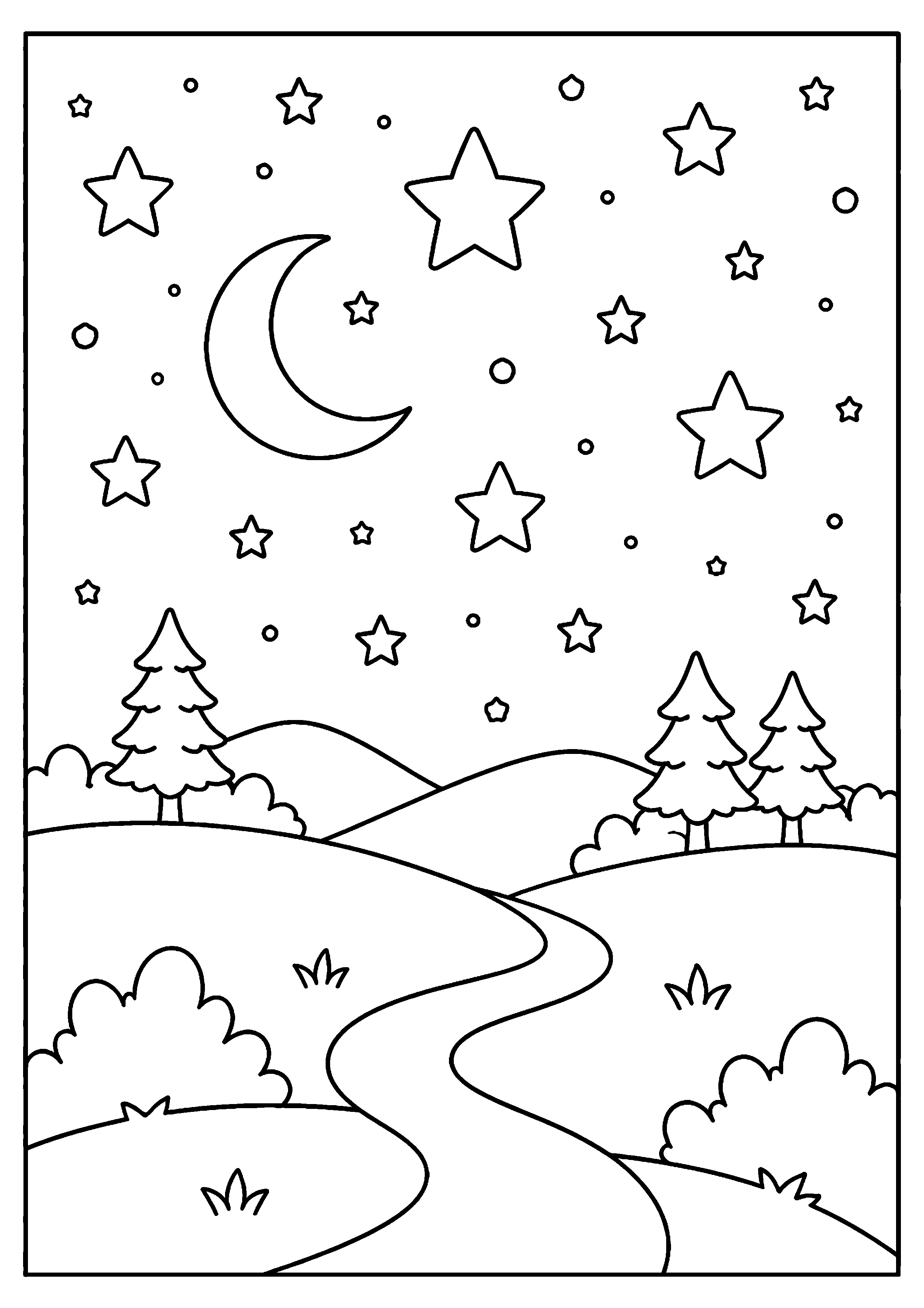 Coloriage ciel étoilé avec lune au-dessus d’un chemin à imprimer gratuitement