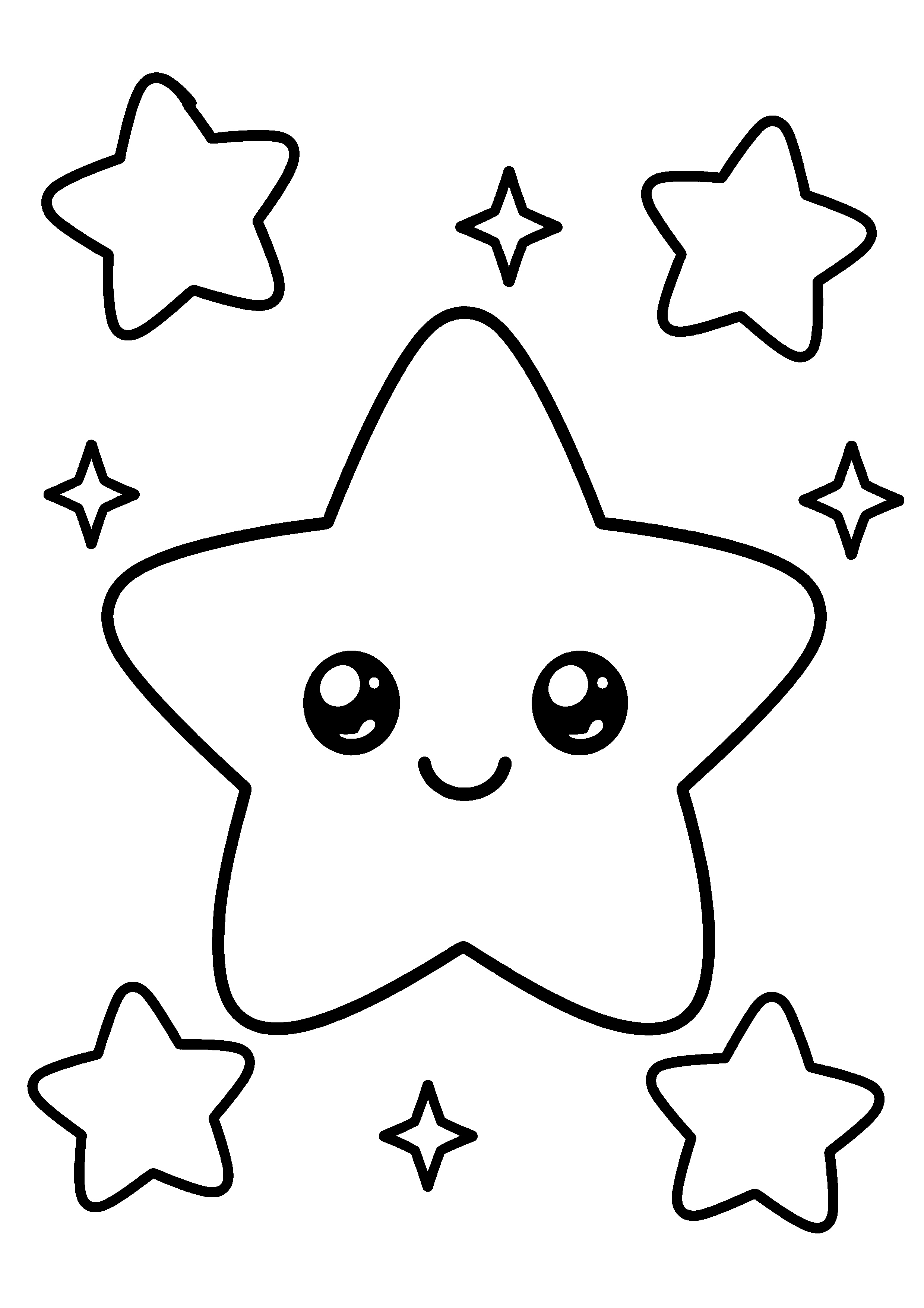 Coloriage étoile souriante avec quatre petites étoiles à imprimer gratuitement
