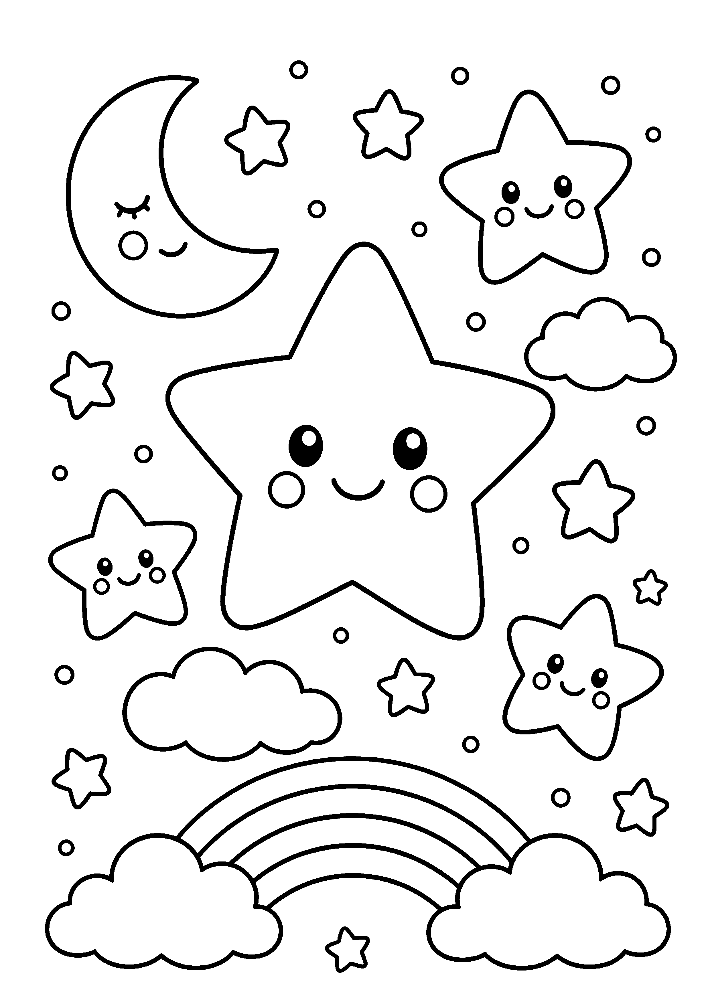 Coloriage étoile kawaii avec lune, nuages et arc-en-ciel à imprimer gratuitement