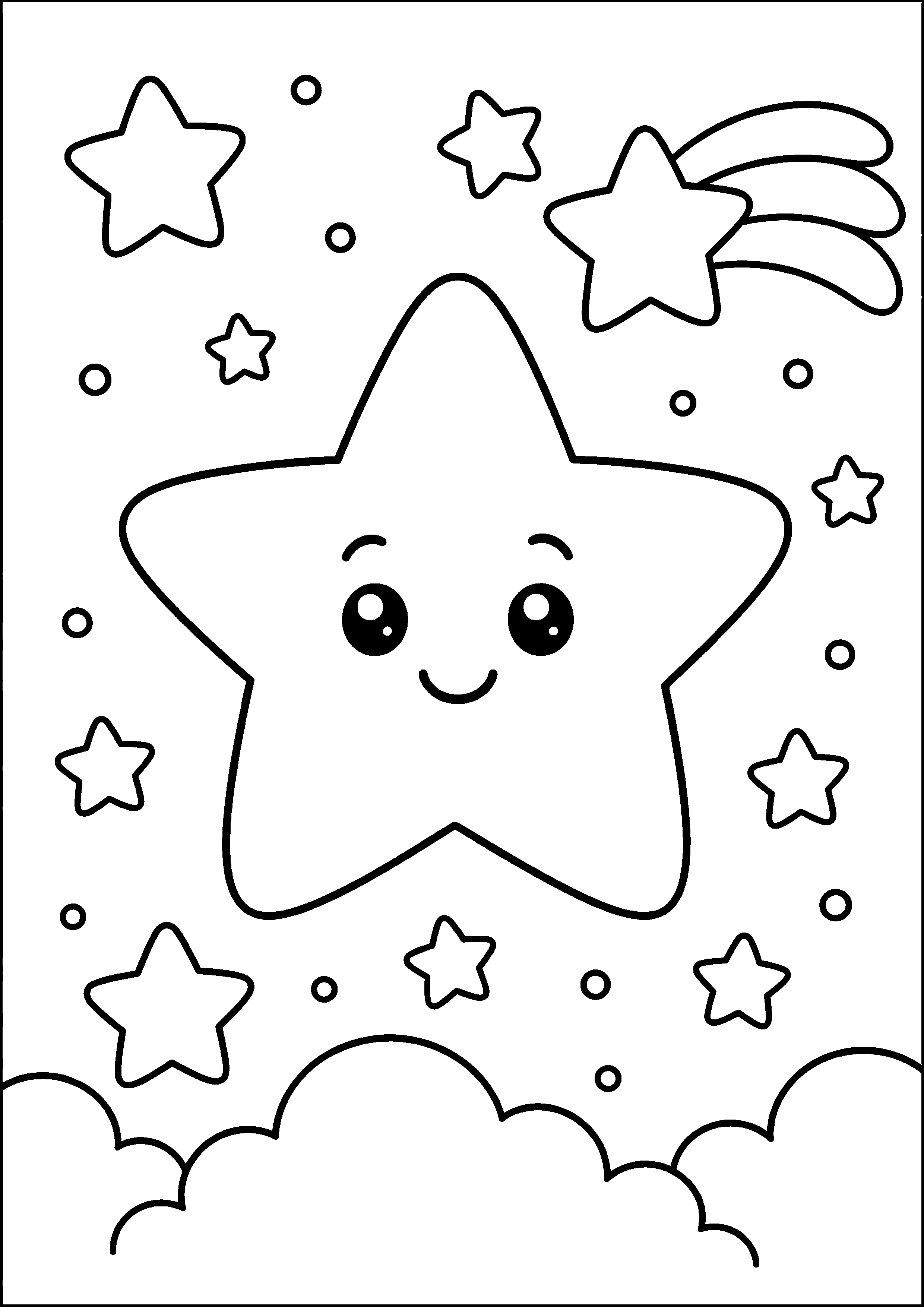 Coloriage étoile souriante sur des nuages avec étoile filante à imprimer gratuitement