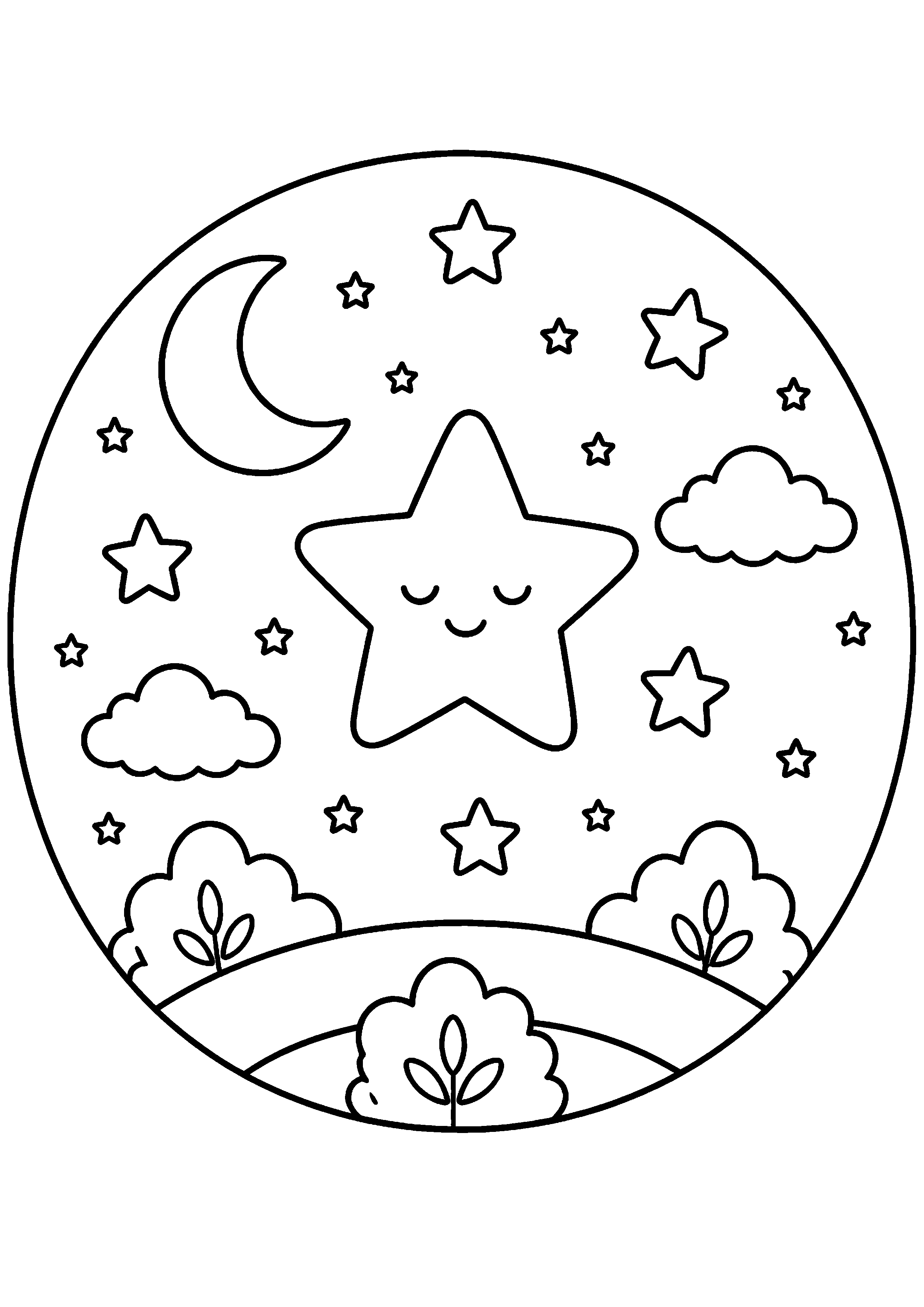 Coloriage étoile kawaii dans un médaillon de ciel nocturne à imprimer gratuitement